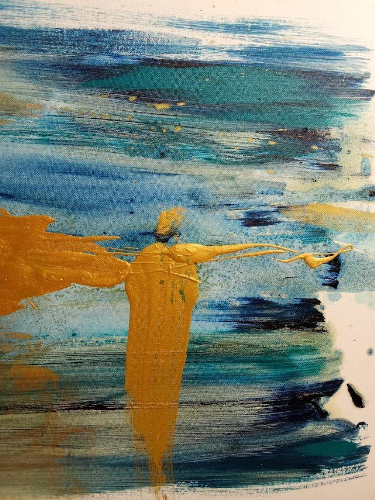 This abstract artwork captivates with its dynamic fusion of colors and textures. Dominated by vibrant blue and green hues, it evokes a sense of depth and movement, reminiscent of a tumultuous seascape. Bold, sweeping strokes create an impression of