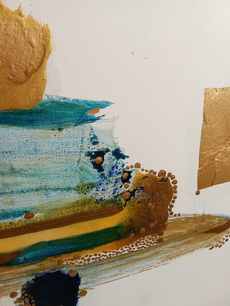 This artwork presents a bold interplay of color and texture, dominated by a central abstract form resembling a layered structure. Atop a dark, slender pedestal, stacked layers of vibrant blues, greens, and earthy browns create a sense of movement