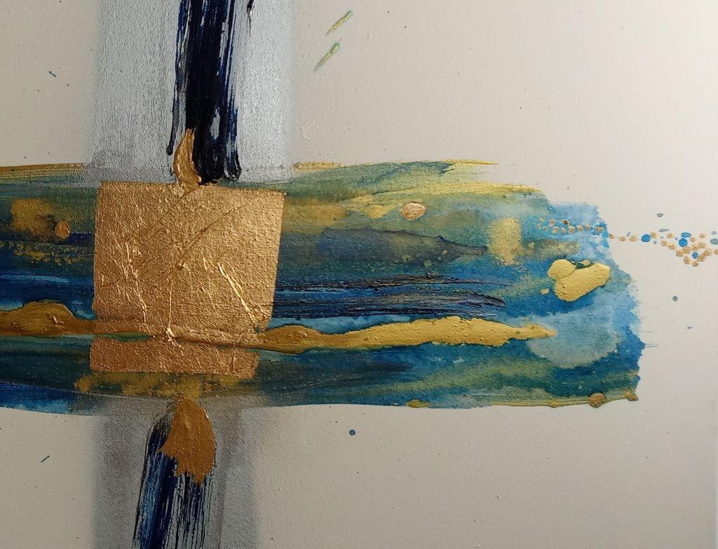 This artwork strikes with its bold interplay of colors and textures, dominated by a striking cross shape. The vertical axis features a deep, expressive blue, balanced by its horizontal counterpart in rich hues of teal and green. At the intersection,