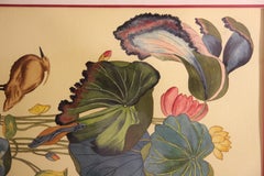 Green, Blue, Yellow, and Pink Botanical Still Life with Bird Watercolor Painting