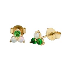 Eva Petite Earrings 14 Karat Yellow Gold with Opal and Emerald Cabochons