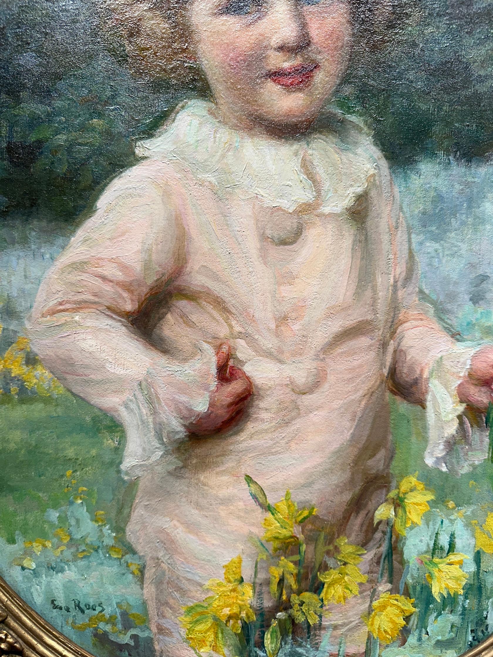 Late 19th century Portrait of a young boy in a Summer landscape with flowers - Victorian Painting by Eva Roos