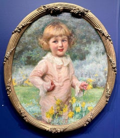 Porträt eines jungen Jungen in einer Sommerlandschaft mit Blumen aus dem späten 19. Jahrhundert