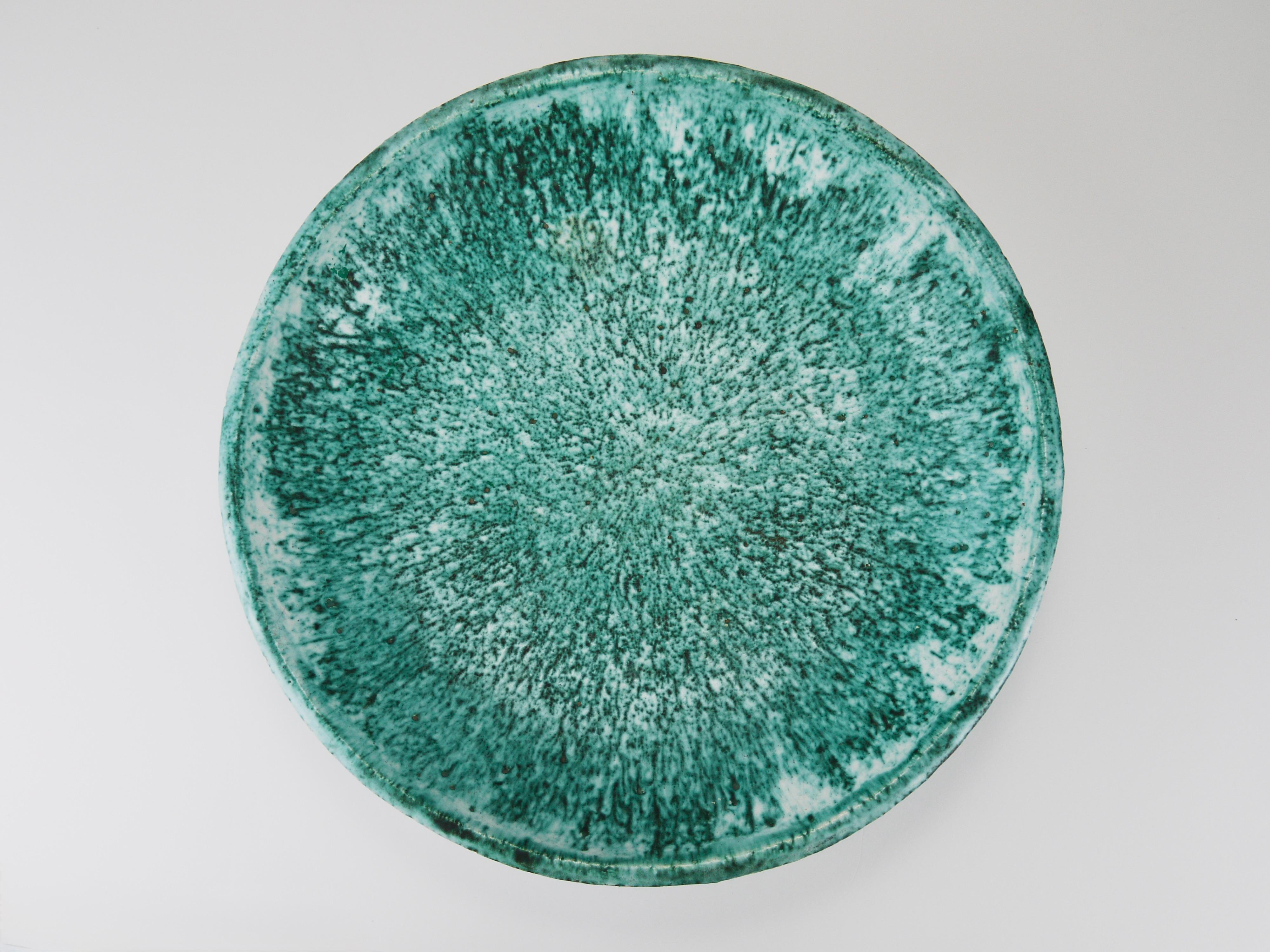 Eva Ruffoni Large Turquoise Ceramic Art Fruit Bowl, 15“ Diameter, Italy, 1980s For Sale 7