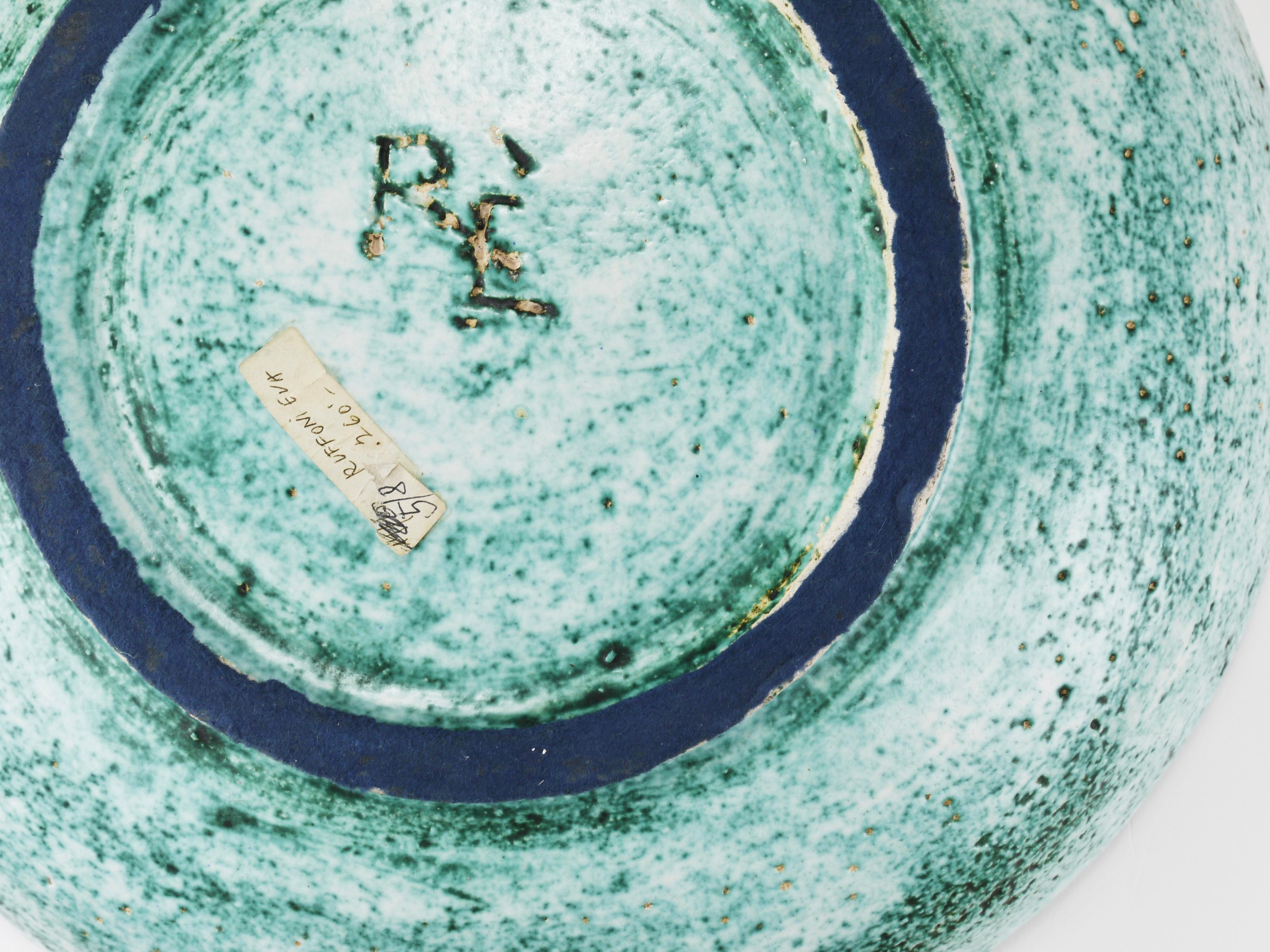 Eva Ruffoni Large Turquoise Ceramic Art Fruit Bowl, 15“ Diameter, Italy, 1980s For Sale 11