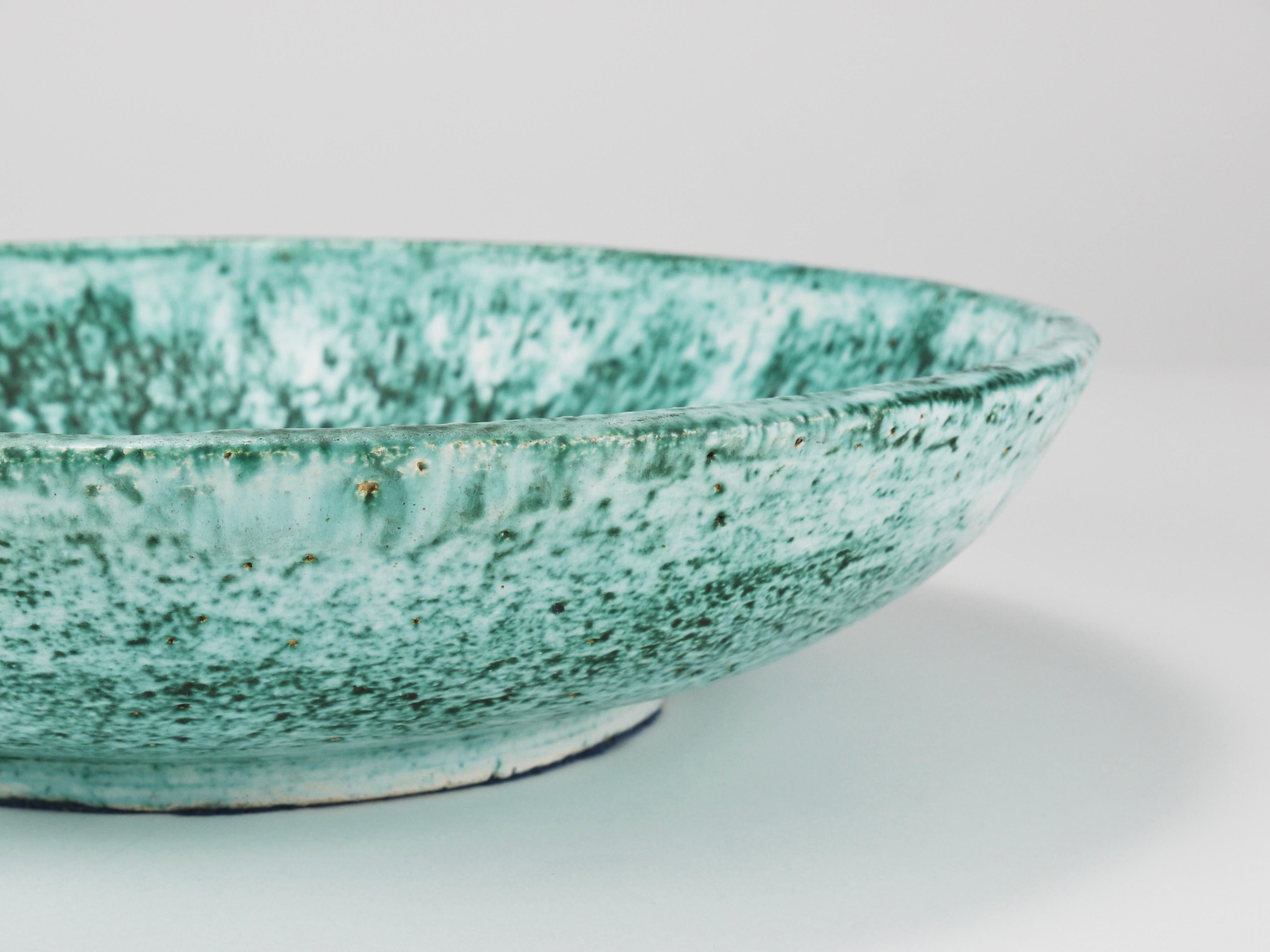 Mid-Century Modern Eva Ruffoni Large Turquoise Ceramic Art Fruit Bowl, 15“ Diameter, Italy, 1980s For Sale