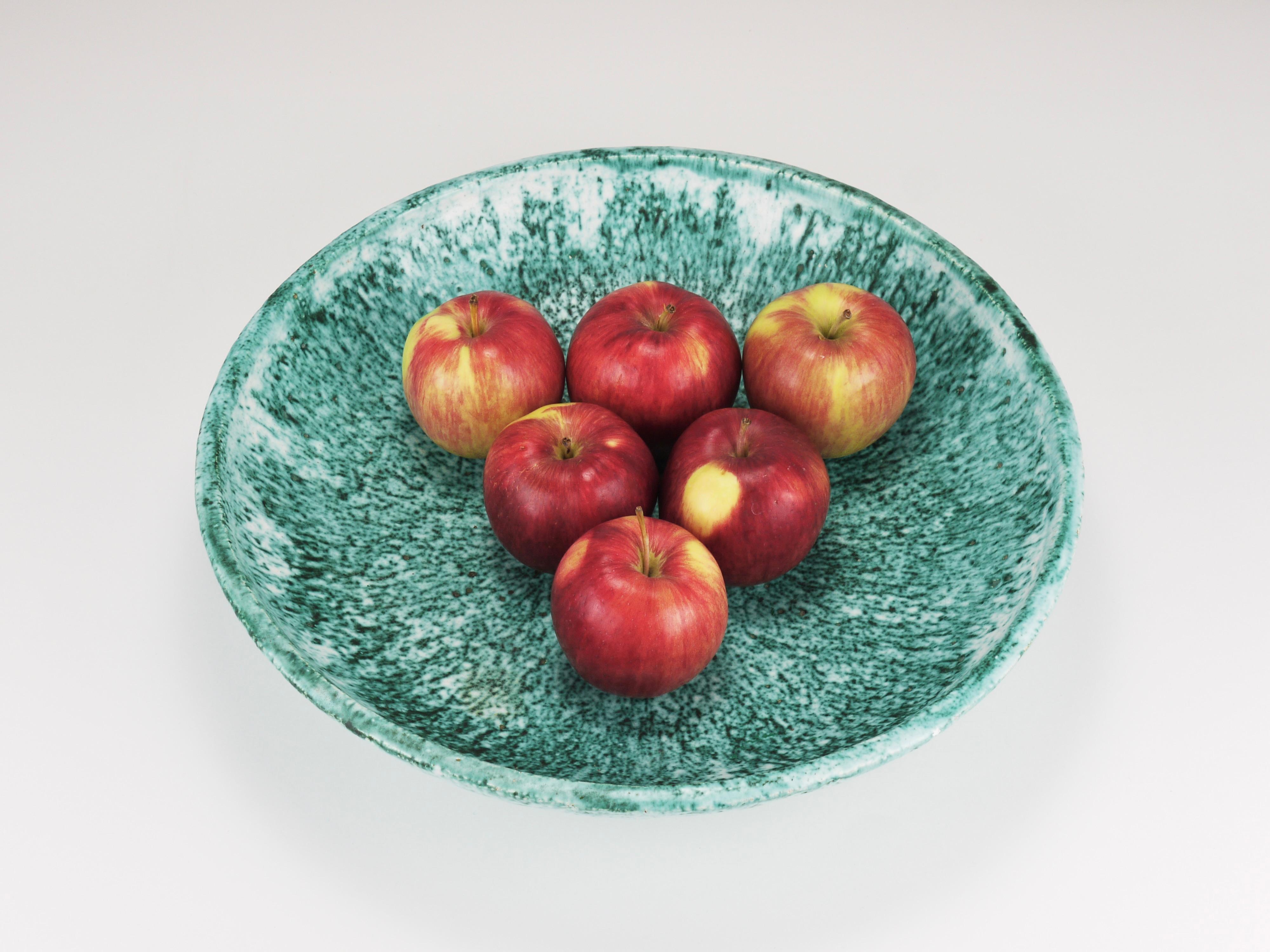 Italian Eva Ruffoni Large Turquoise Ceramic Art Fruit Bowl, 15“ Diameter, Italy, 1980s For Sale
