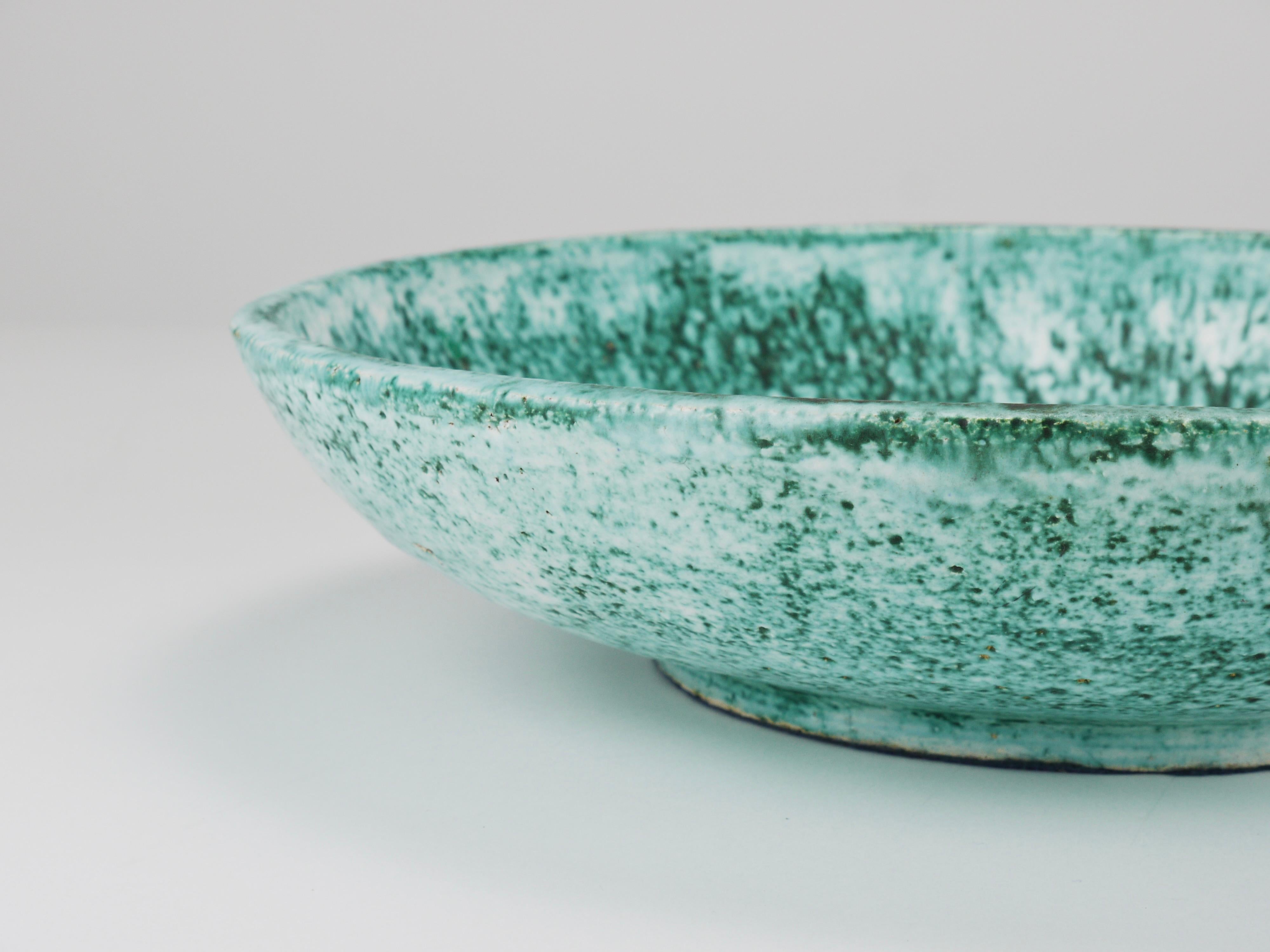 Glazed Eva Ruffoni Large Turquoise Ceramic Art Fruit Bowl, 15“ Diameter, Italy, 1980s For Sale