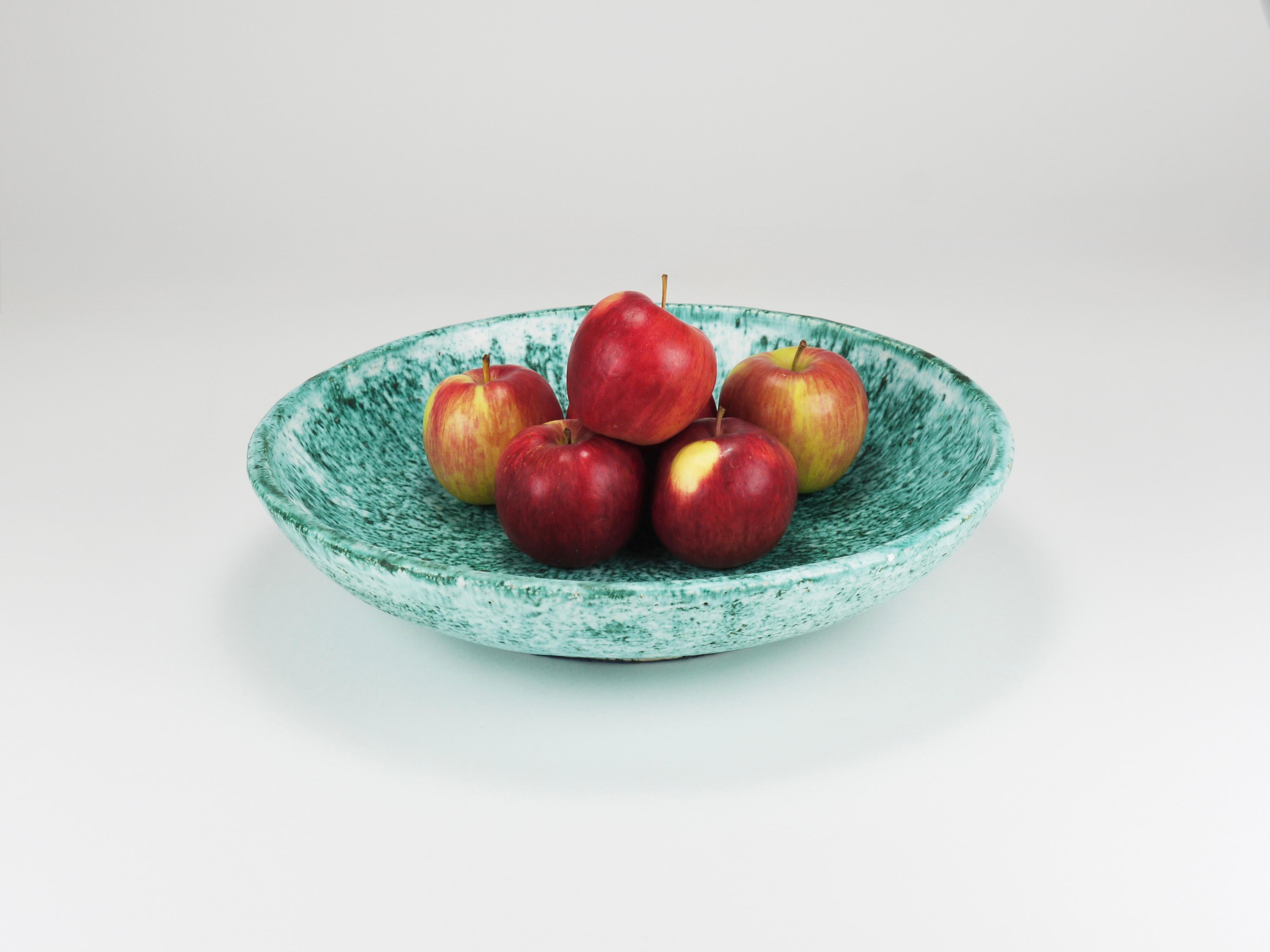 20th Century Eva Ruffoni Large Turquoise Ceramic Art Fruit Bowl, 15“ Diameter, Italy, 1980s For Sale