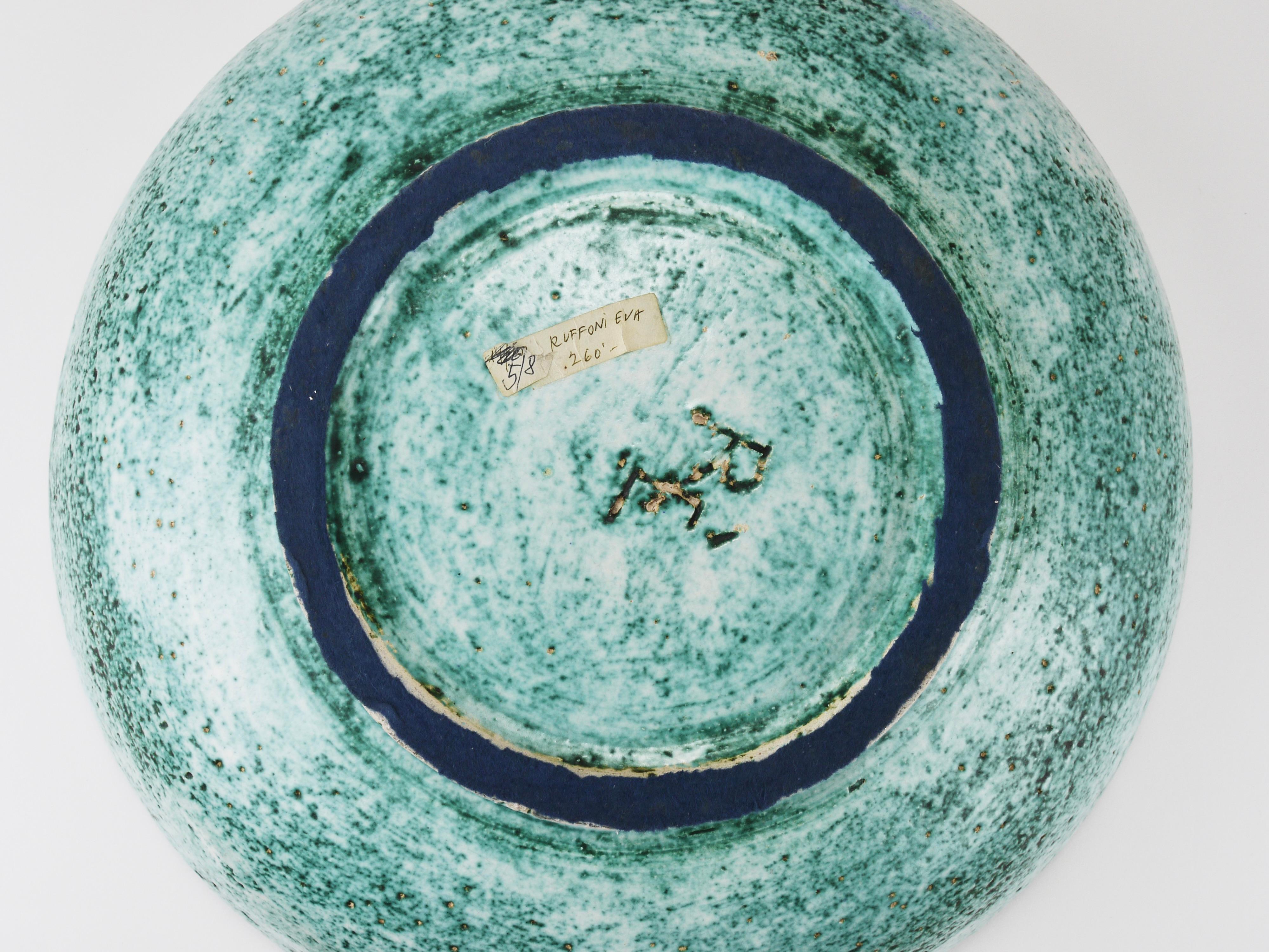 Eva Ruffoni Large Turquoise Ceramic Art Fruit Bowl, 15“ Diameter, Italy, 1980s For Sale 1