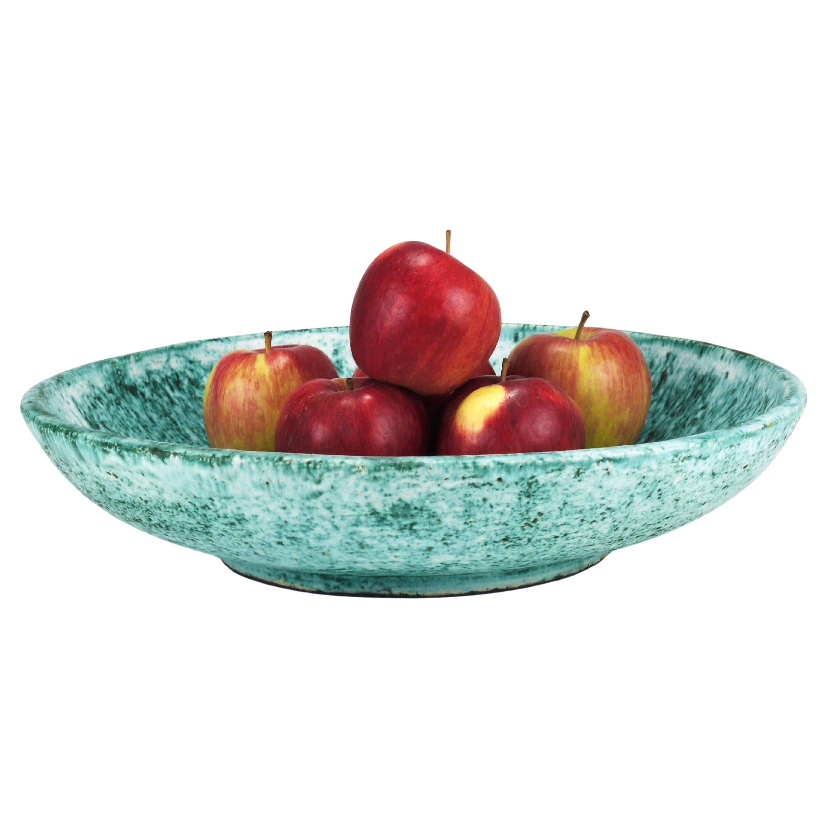 Eva Ruffoni Large Turquoise Ceramic Art Fruit Bowl, 15“ Diameter, Italy, 1980s For Sale