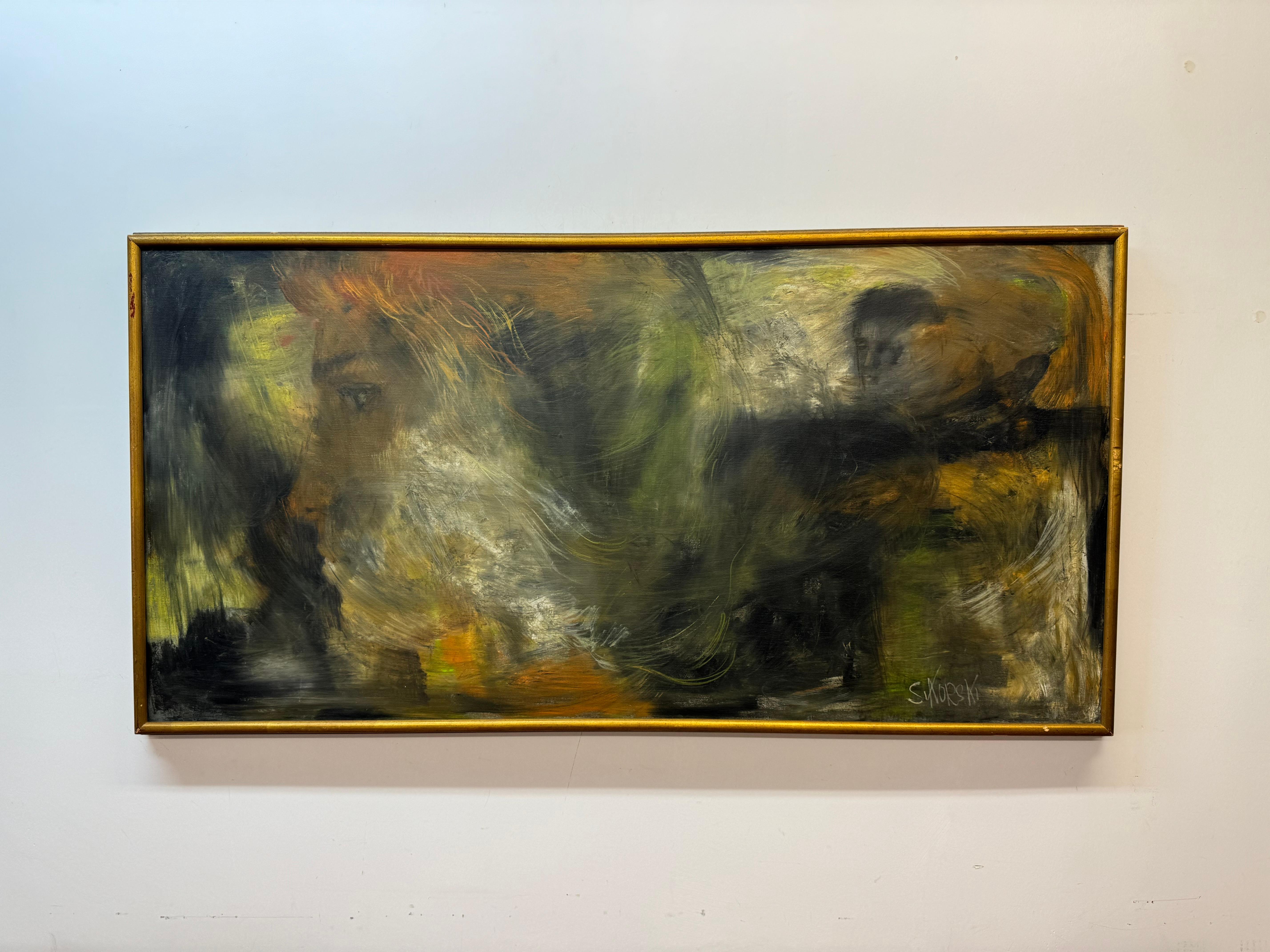 Eva Sikorski (1917-1990) abstract portrait, painting by listed Berman born California artist. Classic impressionistic style with muted colors. Oil on canvas. Excellent condition in lightly distressed frame 24 x 48 on framed, 25.5 x 49.5 framed. 
