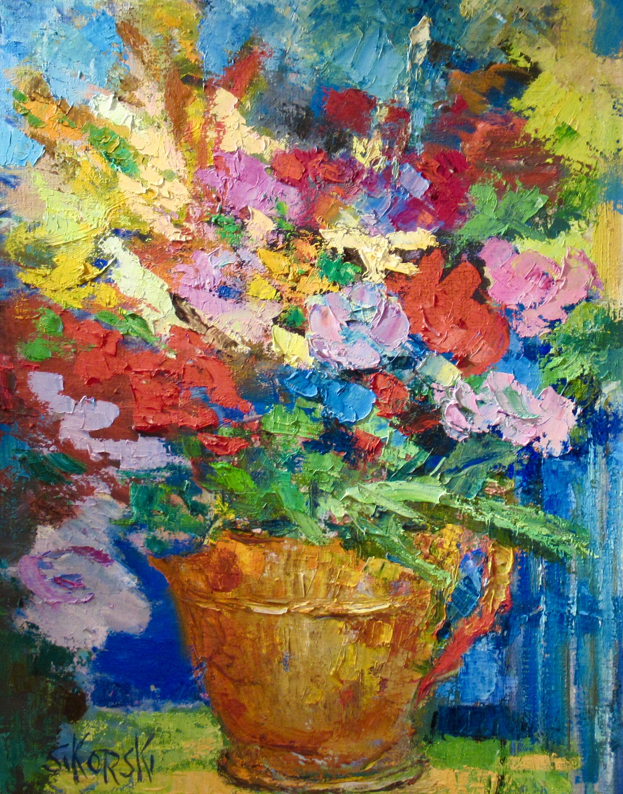 Still Life with Flowers and Pitcher - Painting by Eva Sikorski