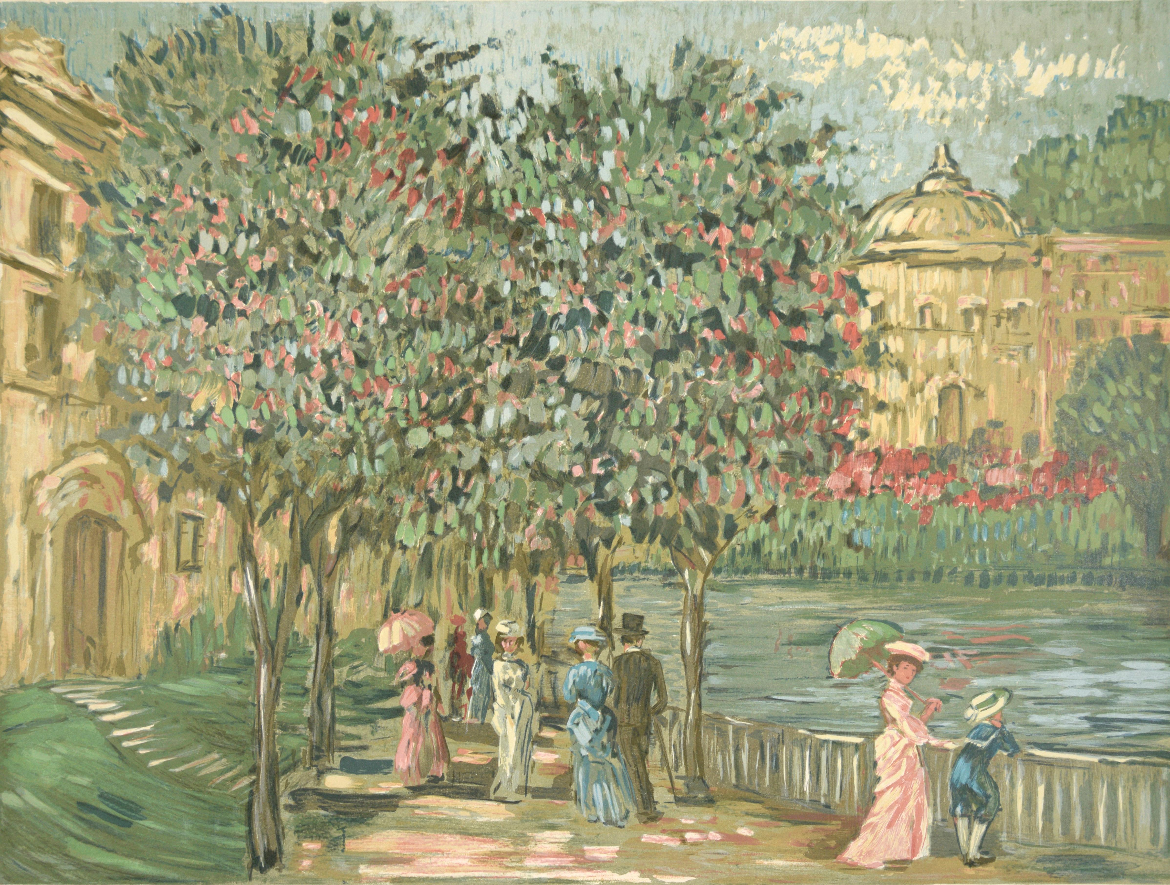 Impressionistic Victorian Garden Scene - Bay Area Lithograph - Print by Eva Sikorski