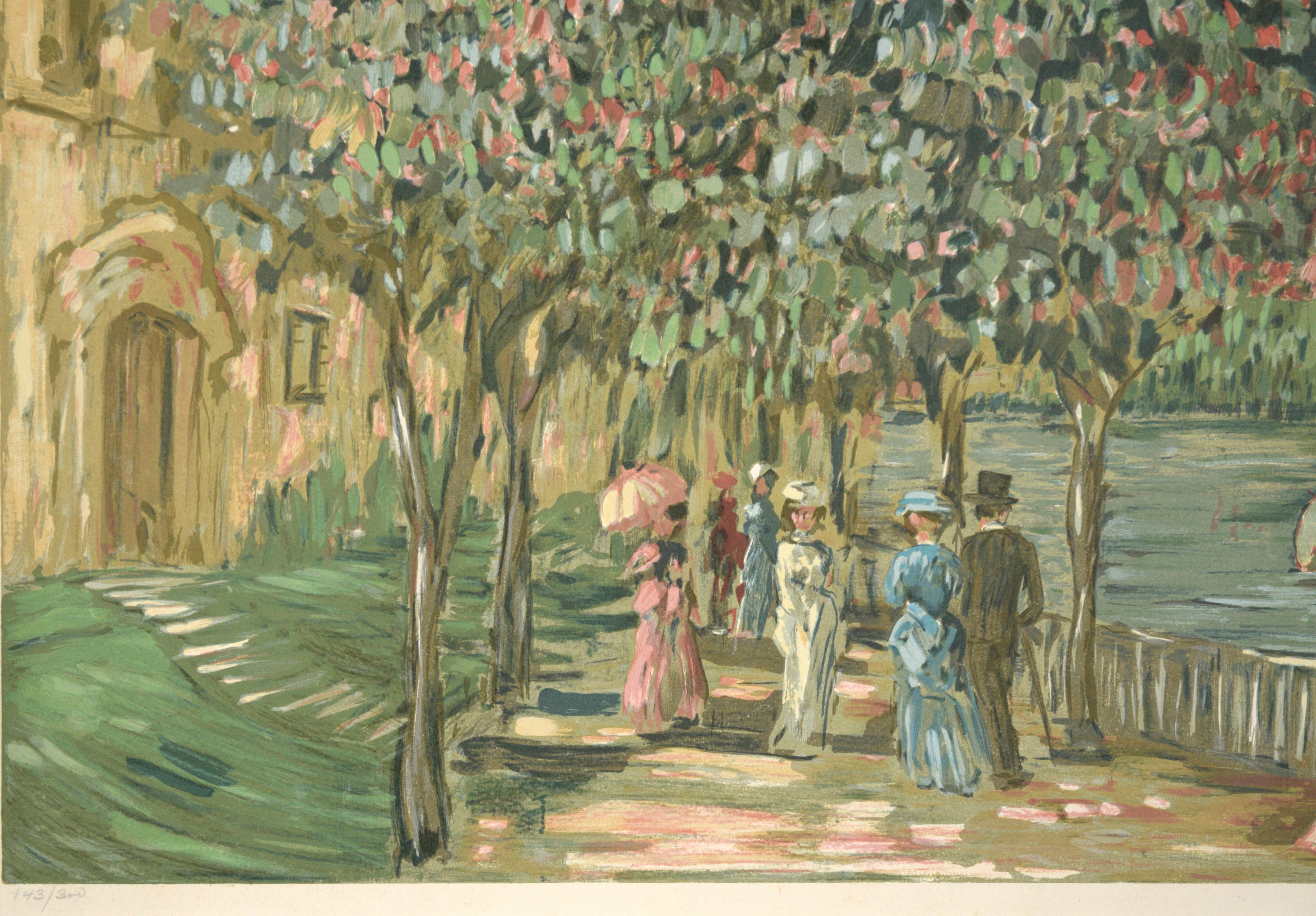 Impressionistic Victorian Garden Scene - Bay Area Lithograph - Brown Figurative Print by Eva Sikorski