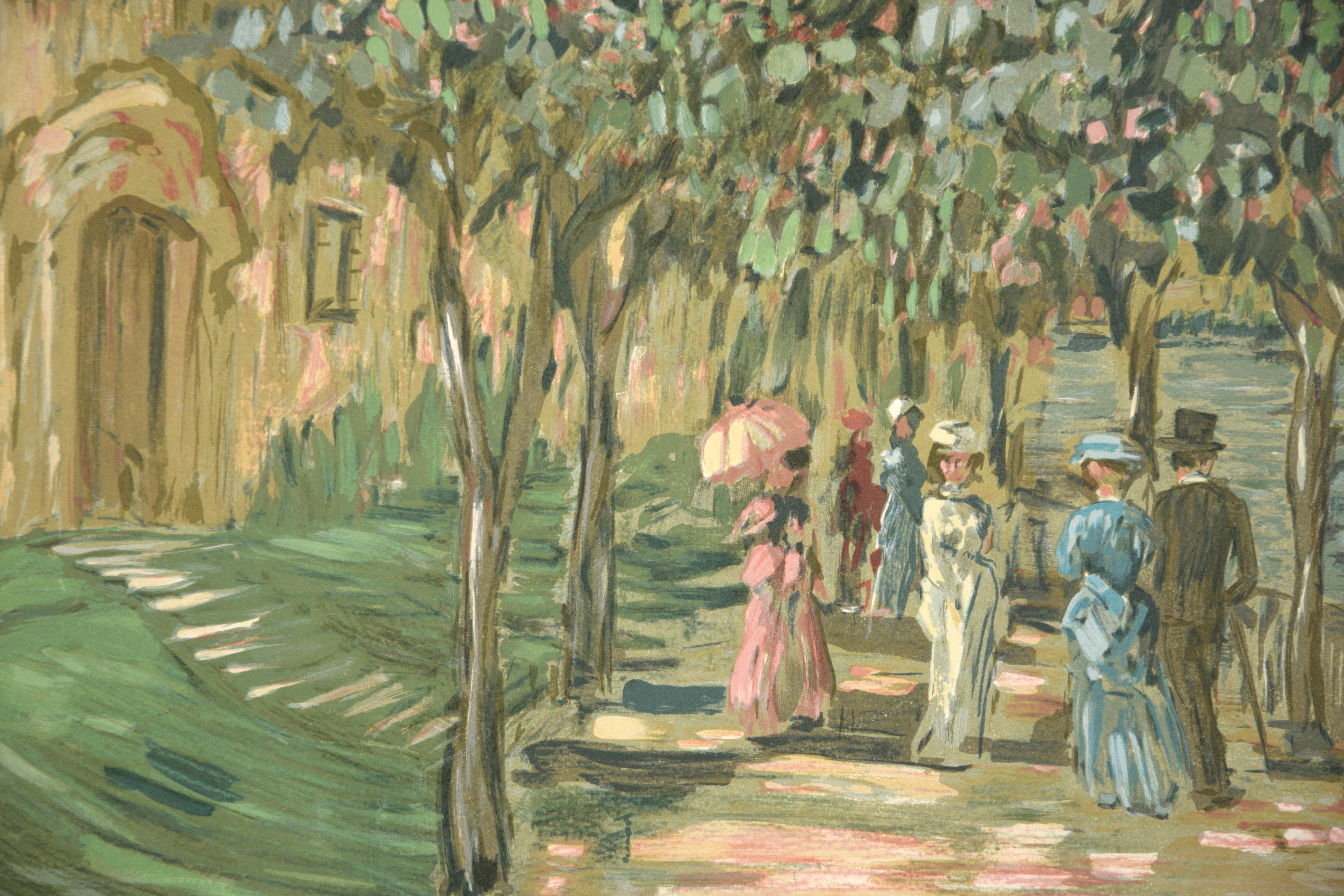 Impressionistic Victorian Garden Scene - Bay Area Lithograph

Highly detailed lithograph showing a Victorian garden scene by Eva Sikorski (German, American b. 1917 d. 1990.) A path runs along the side of a still pond, trees line the side of it and