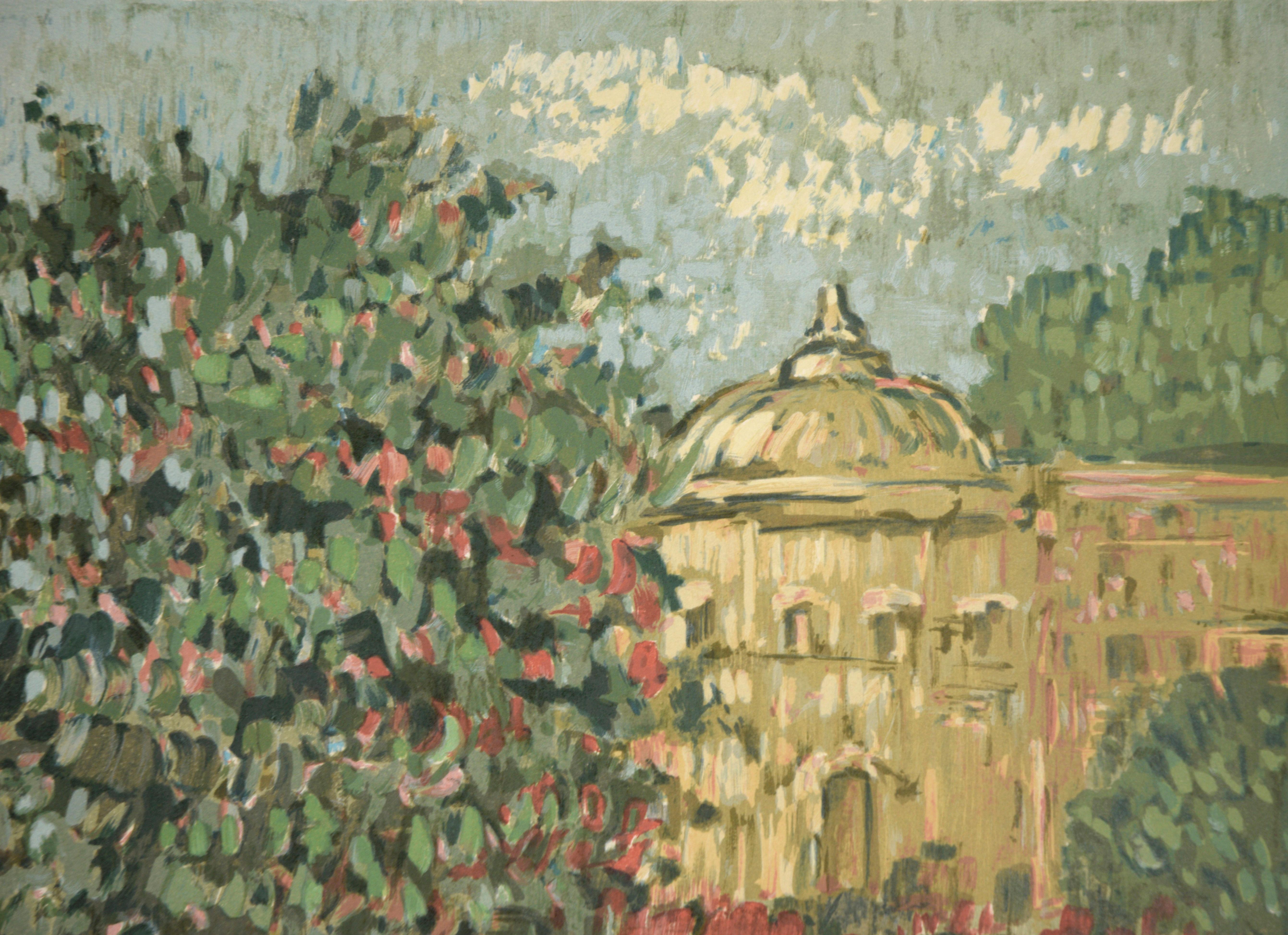 Impressionistic Victorian Garden Scene - Bay Area Lithograph For Sale 1