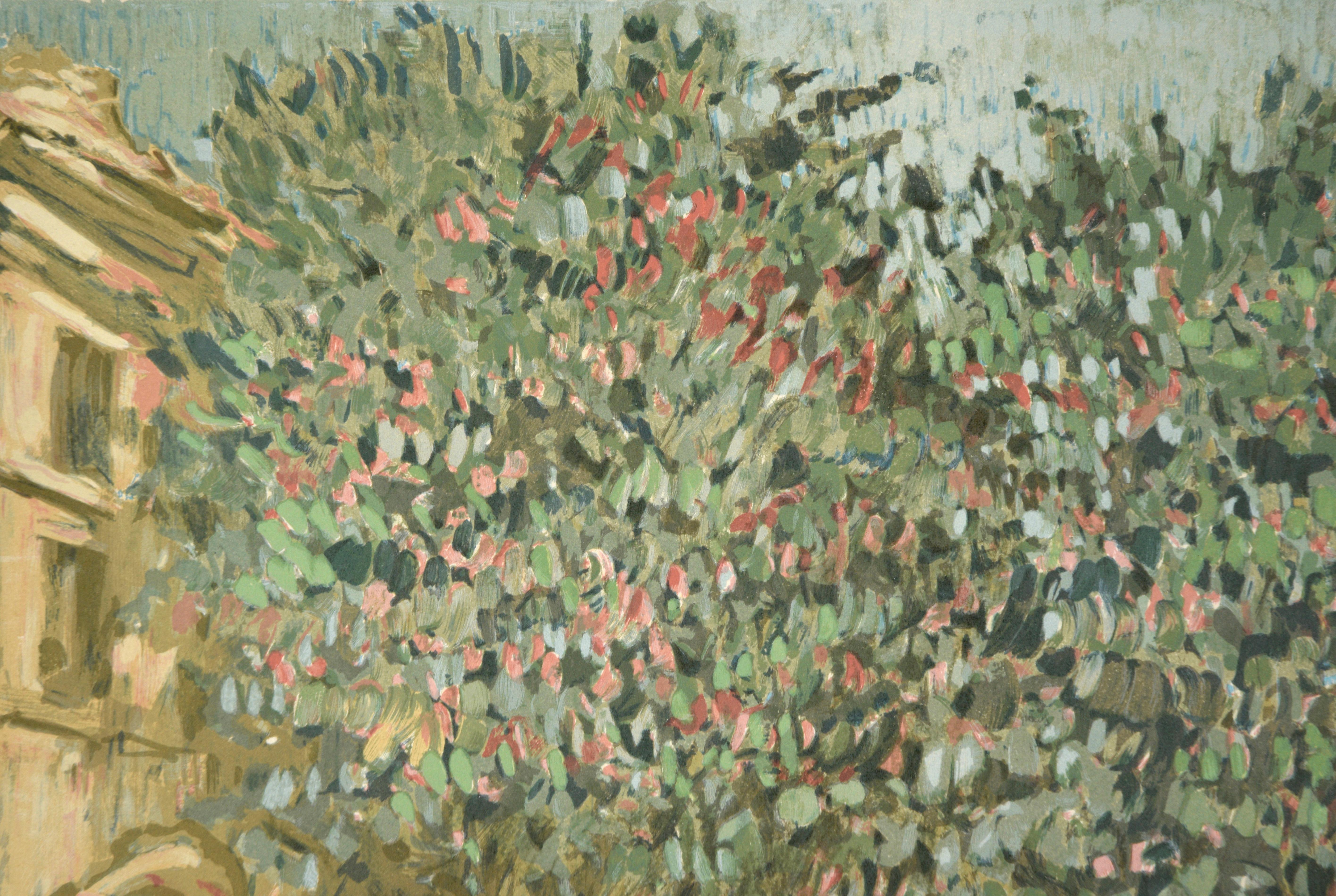 Impressionistic Victorian Garden Scene - Bay Area Lithograph For Sale 2