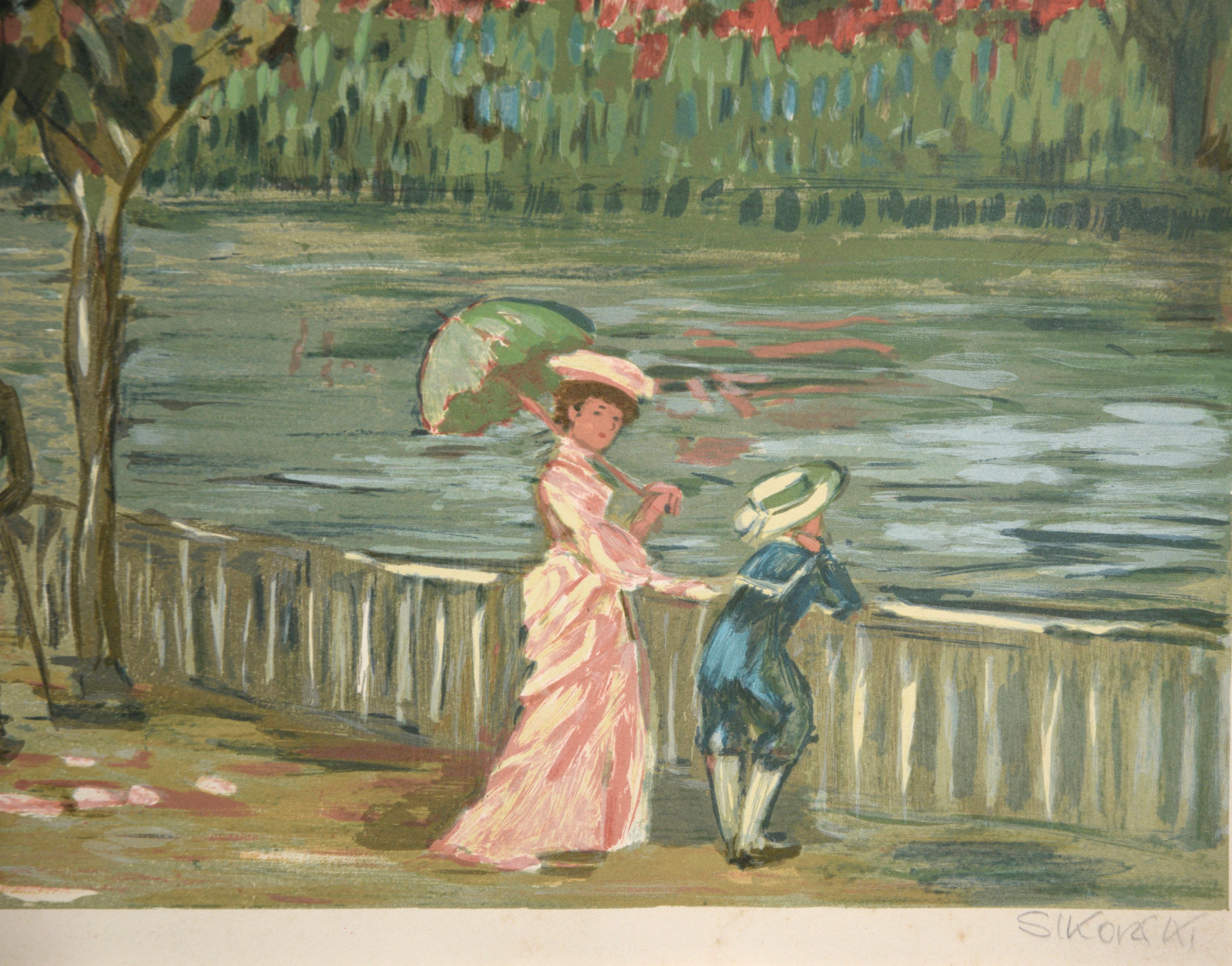 Impressionistic Victorian Garden Scene - Bay Area Lithograph For Sale 3