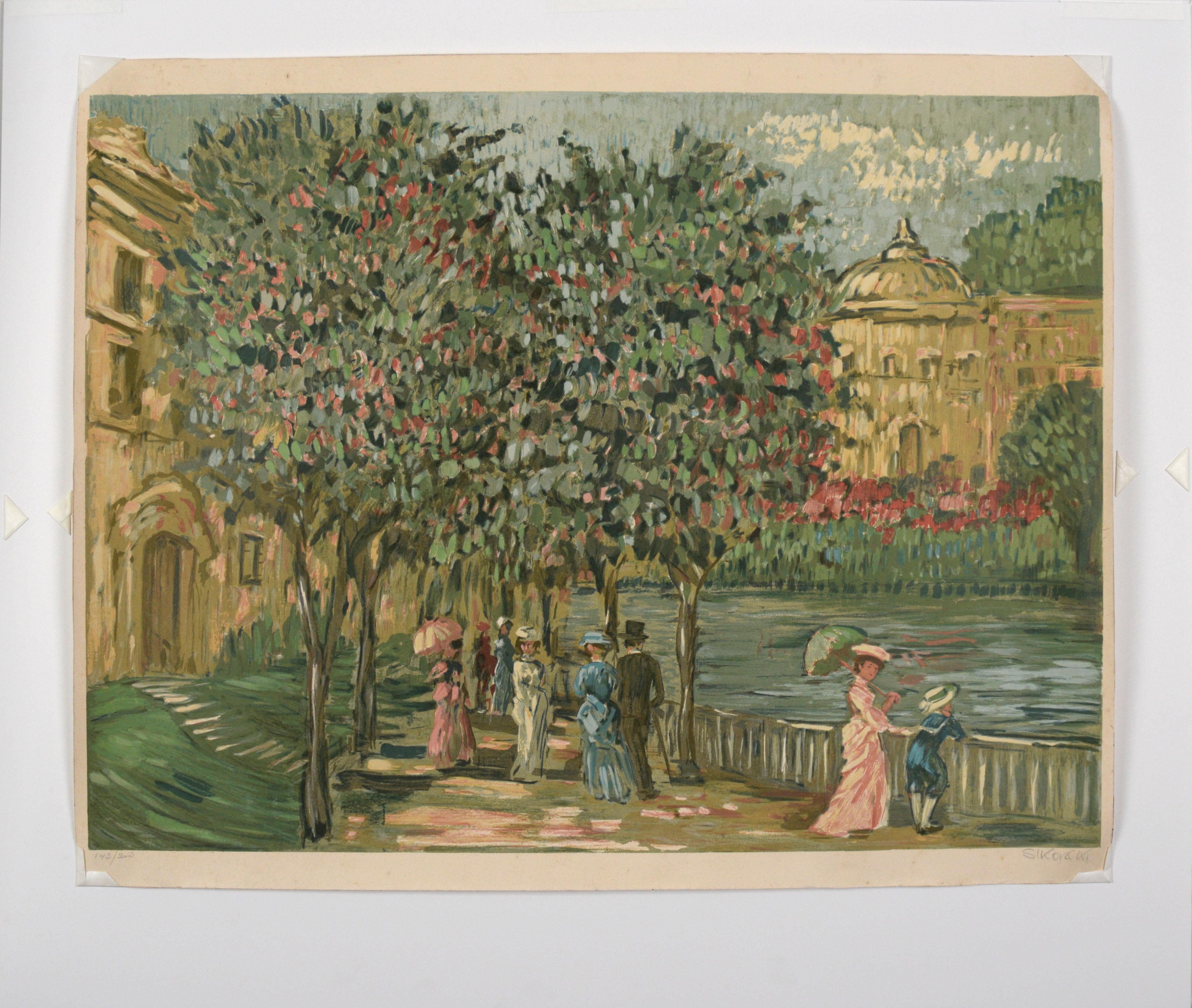 Impressionistic Victorian Garden Scene - Bay Area Lithograph For Sale 4