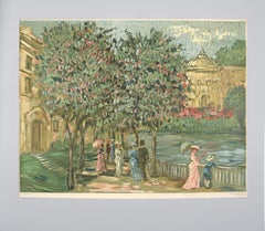 Impressionistic Victorian Garden Scene - Bay Area Lithograph