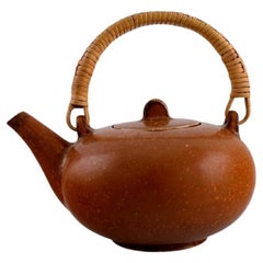 Retro Eva Stæhr-nielsen for Saxbo, Glazed Stoneware Teapot with Wicker Handle