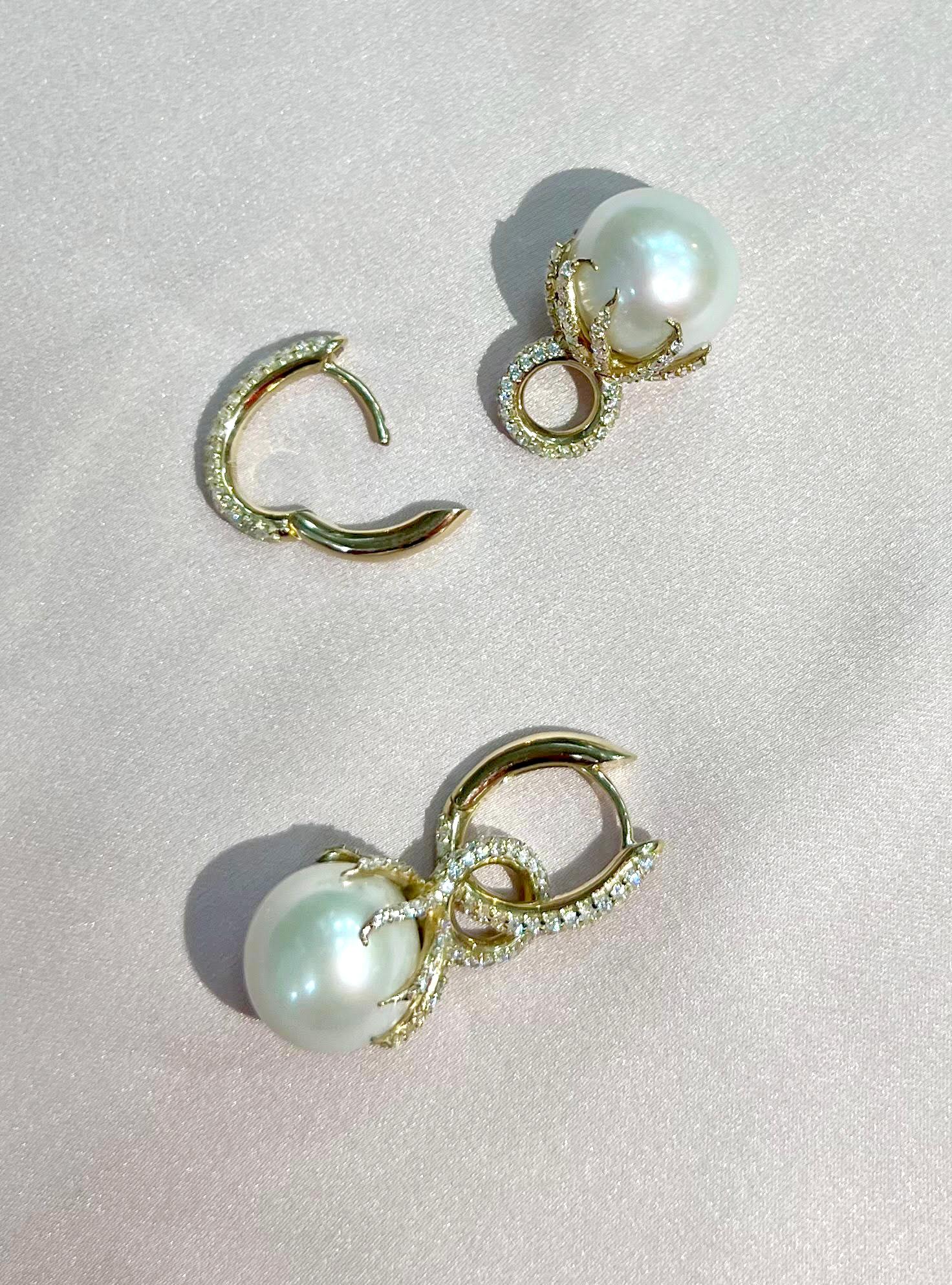 Eva Stones 1.6 carat diamond octopus dangle drop convertible gold earring hoops For Sale 1