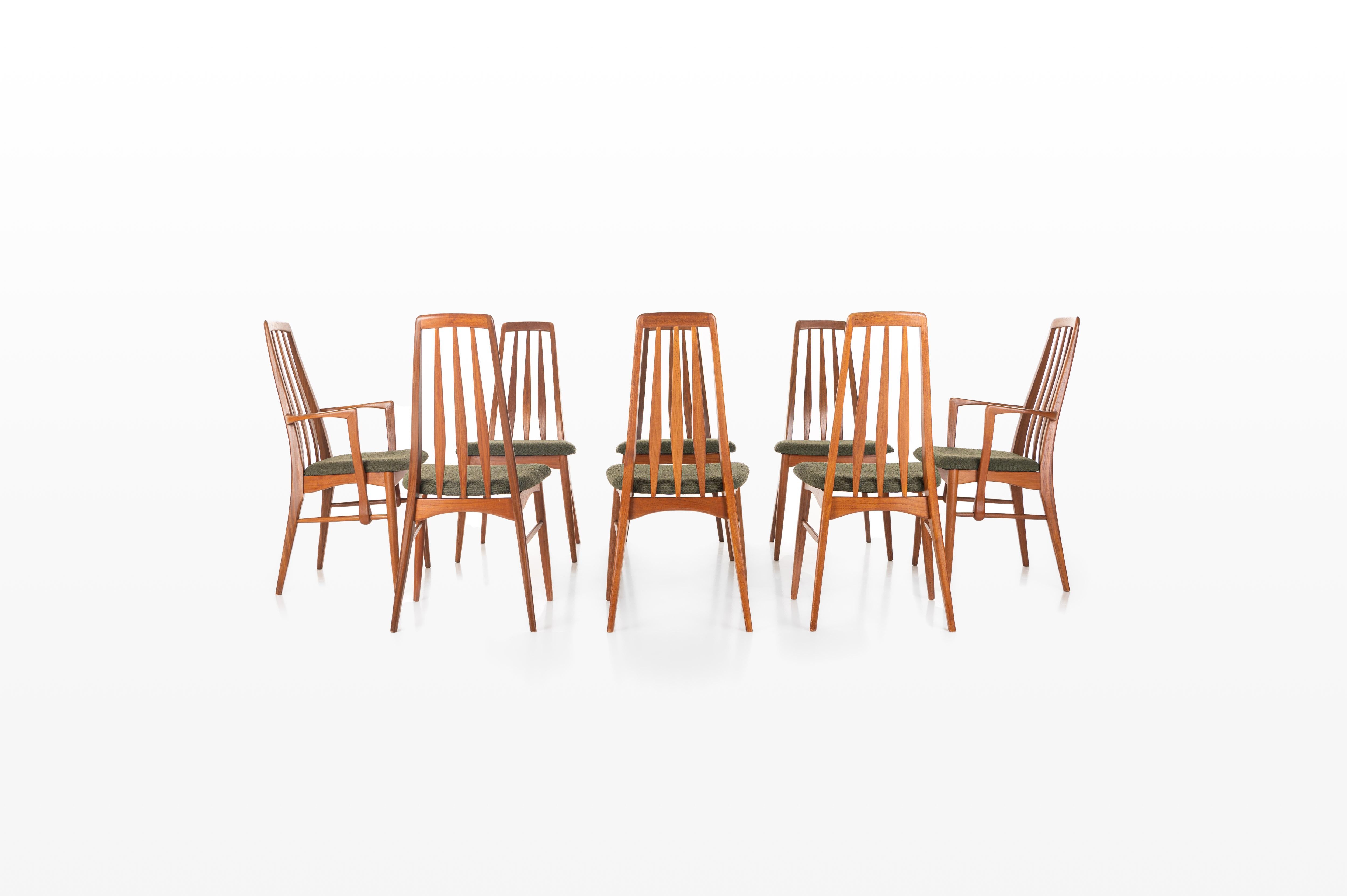 Set of eight vintage dining room chairs. These “Eva” chairs are designed by Niels Koefoed for Koefoeds Hornslet in Denmark. They have a teak frame and a new khaki green upholstery.