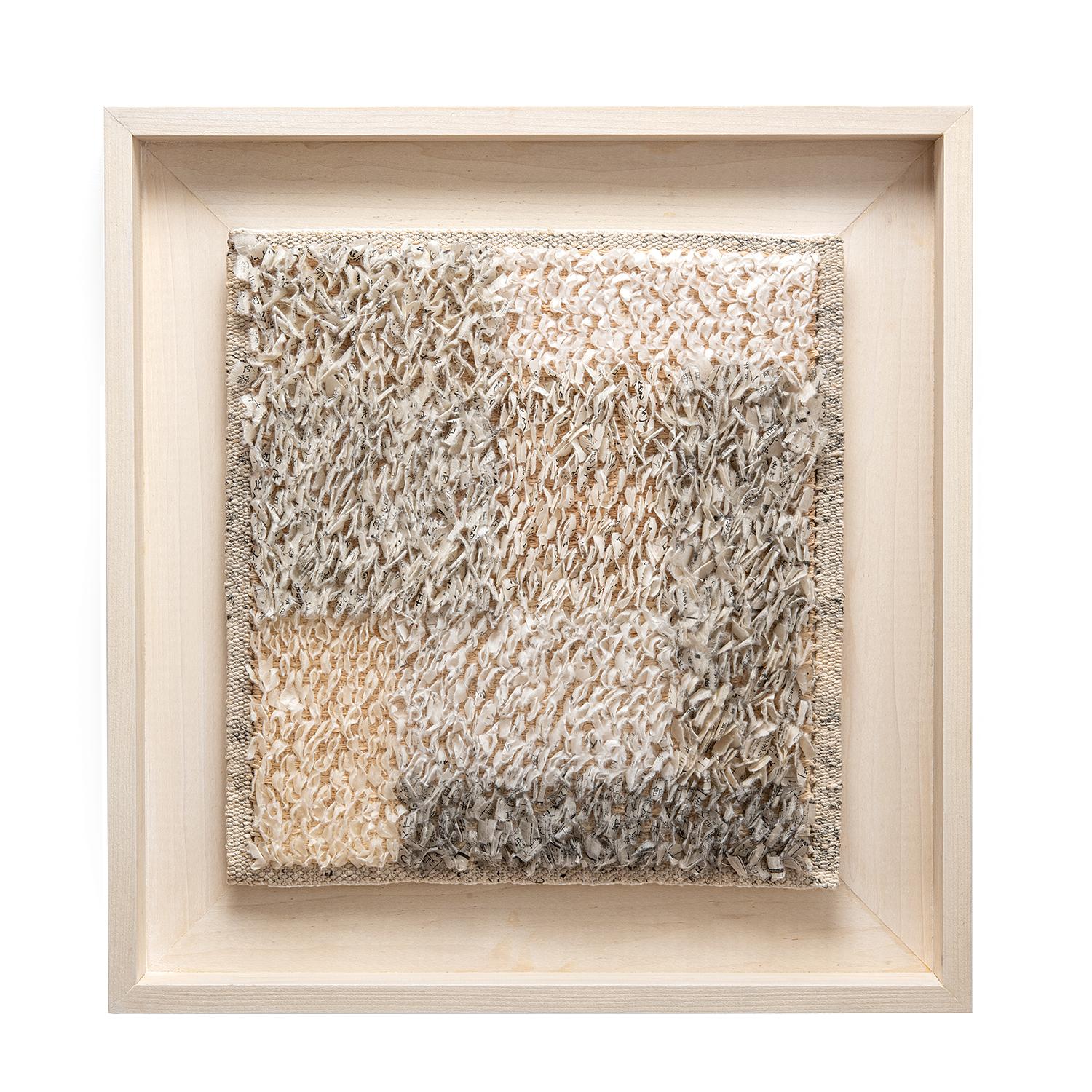This piece is framed in a custom hand-made white wash stained wood floater frame. 

Eva Vargo fuses paper and linen-thread materials into her weaving techniques to employ paper craft artwork. This piece, Japandi, is specifically woven using Japanese