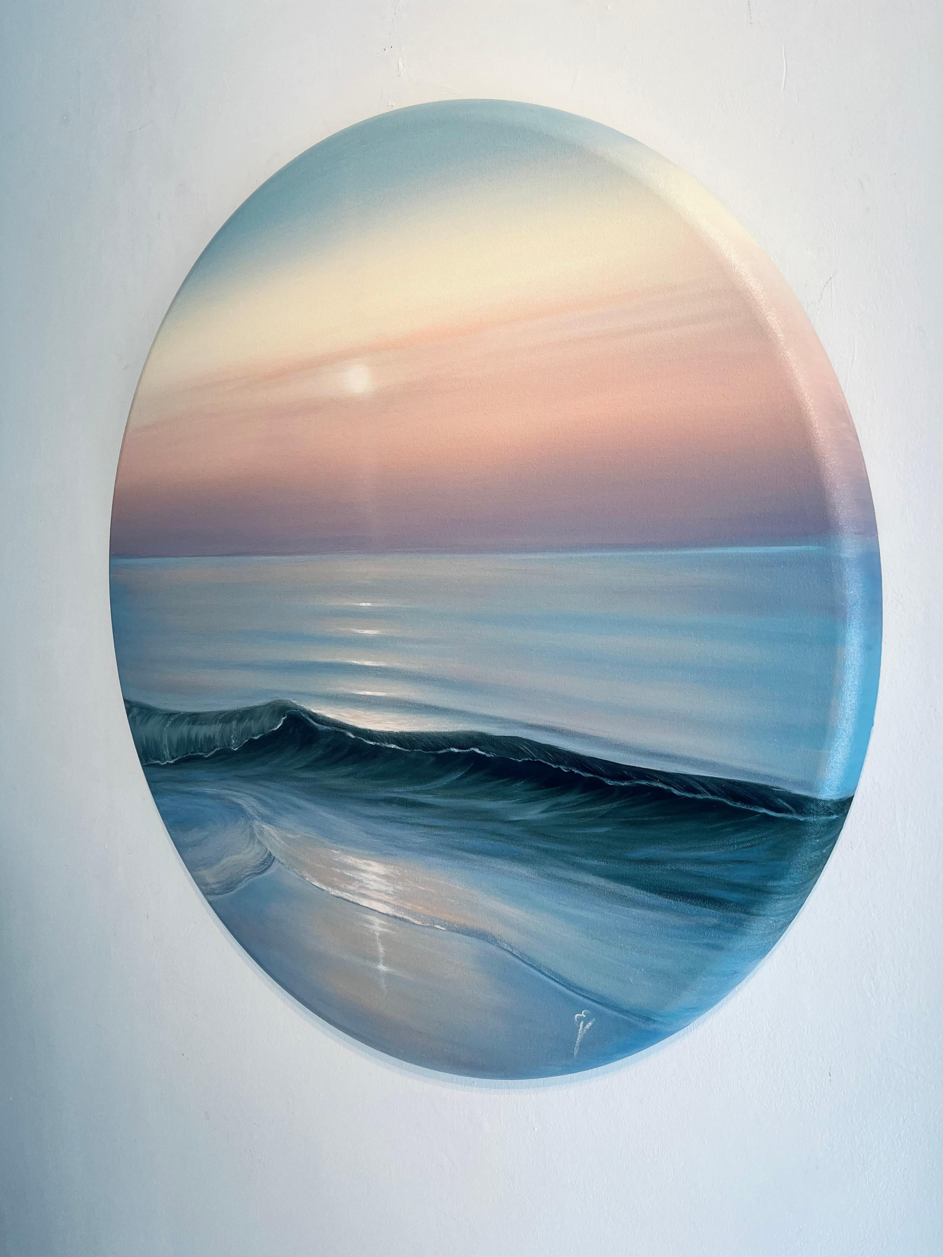 Behind the Veil-origineller Realismus-Sonnenuntergang-Meereslandschaft-Ölgemälde-Zeitgenössische Kunst (Grau), Landscape Painting, von Eva Volf