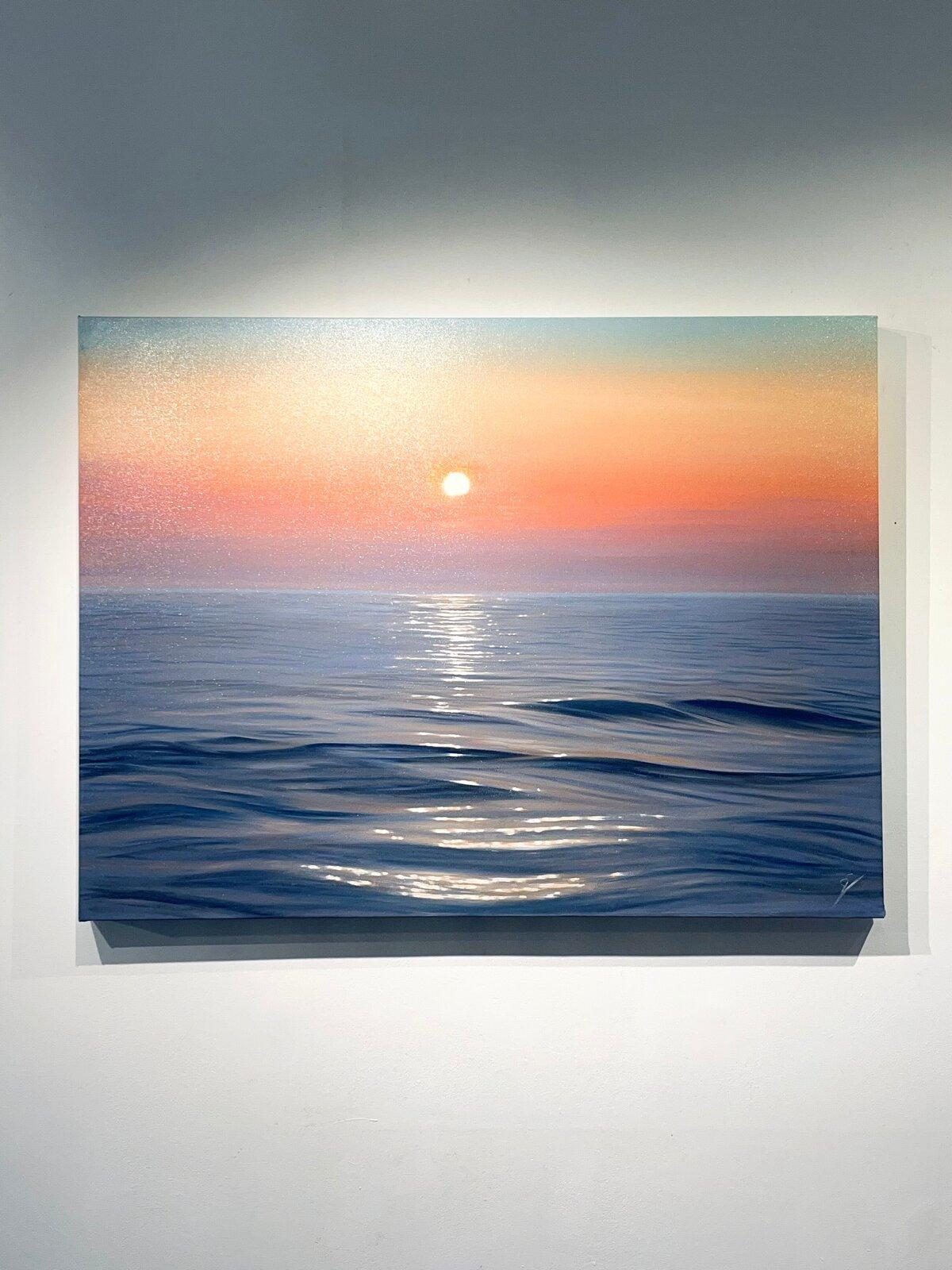 Changing Chapters-originale moderne Meereslandschaft Sonnenuntergang Ölgemälde-zeitgenössische Kunst (Grau), Landscape Painting, von Eva Volf