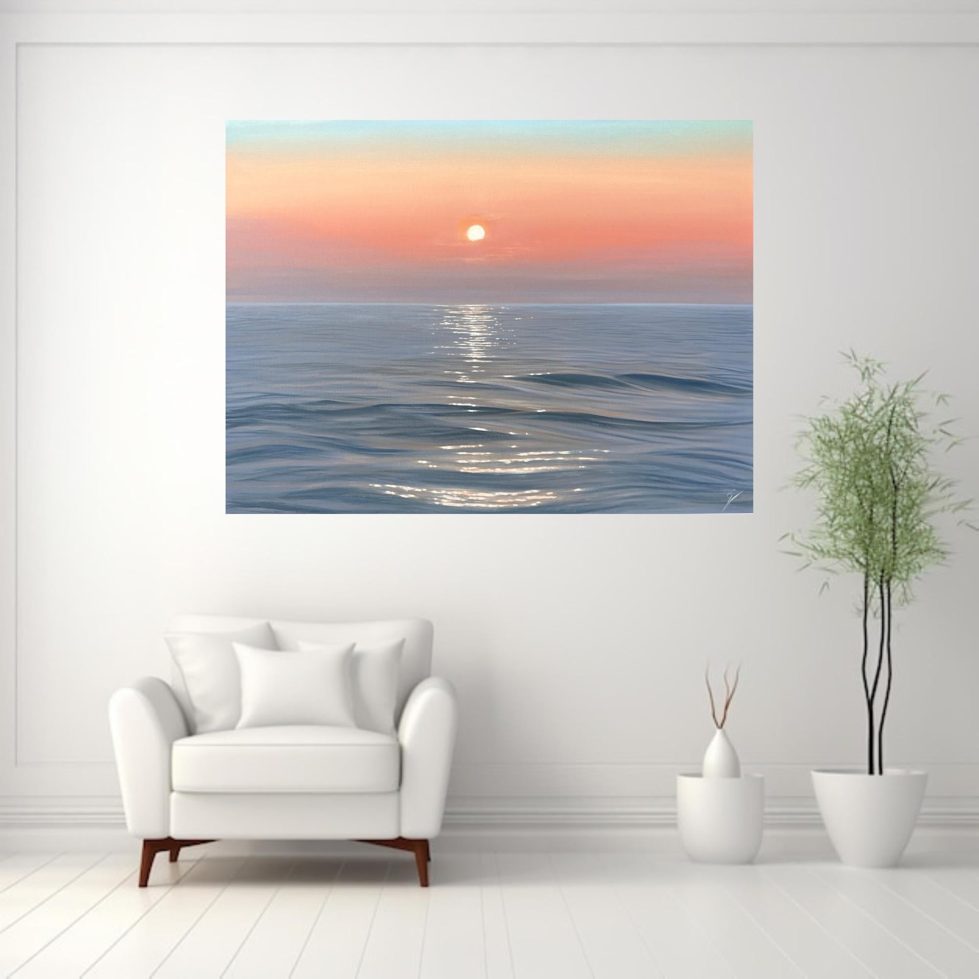Changing Chapters-original seascape sunset oil painting-artwork-contemporary art - Painting by Eva Volf
