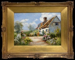 Antique English Oil Painting Pretty Victorian Cottage Flower Garden Hollyhocks