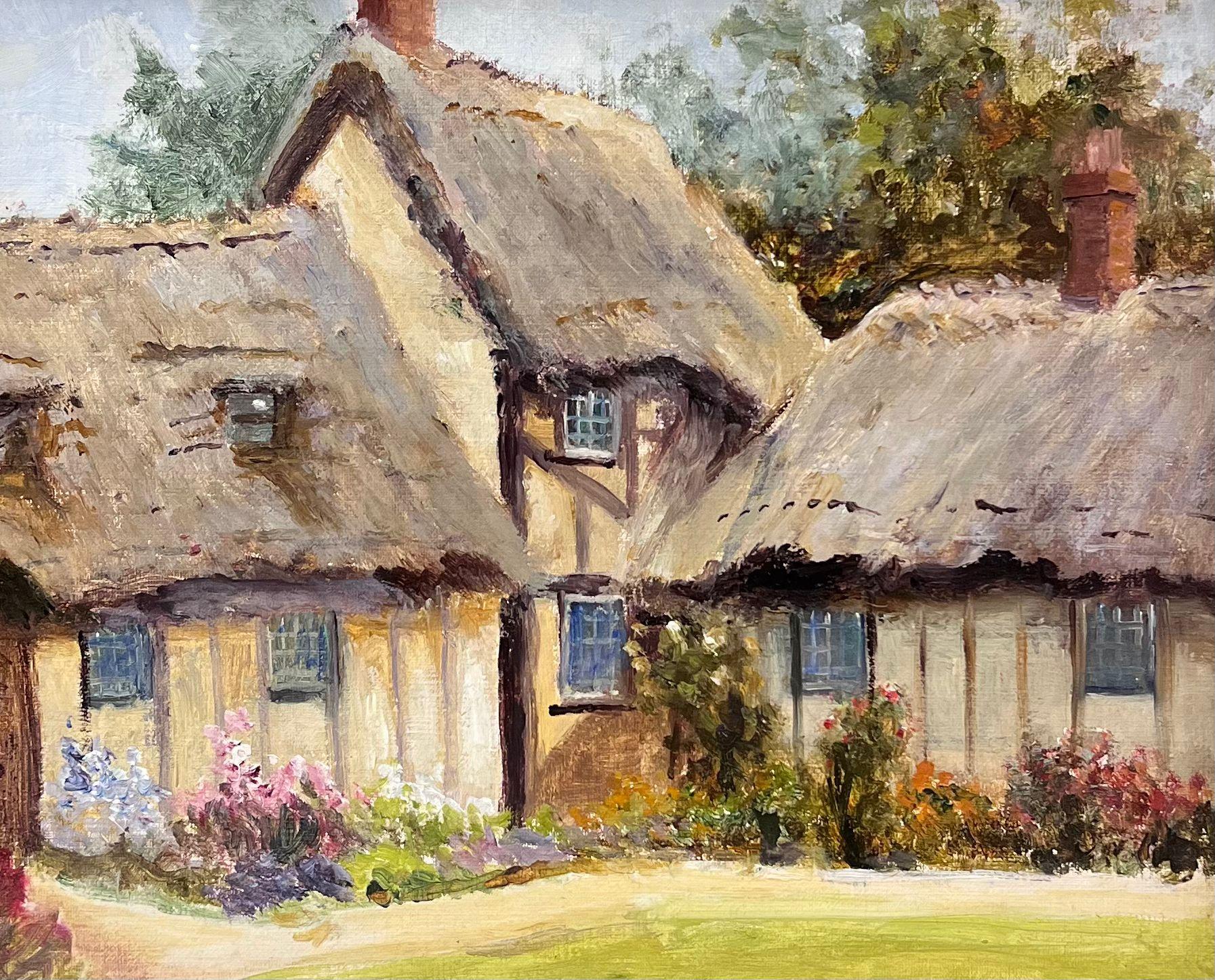 Cuadro al óleo inglés antiguo Cabañas de paja y jardines tradicionales Marco fino - Painting de Eva Walbourn