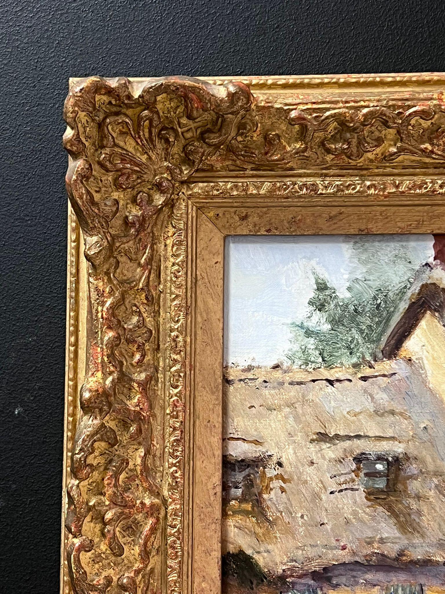 Cuadro al óleo inglés antiguo Cabañas de paja y jardines tradicionales Marco fino - Painting Escuela inglesa de Eva Walbourn