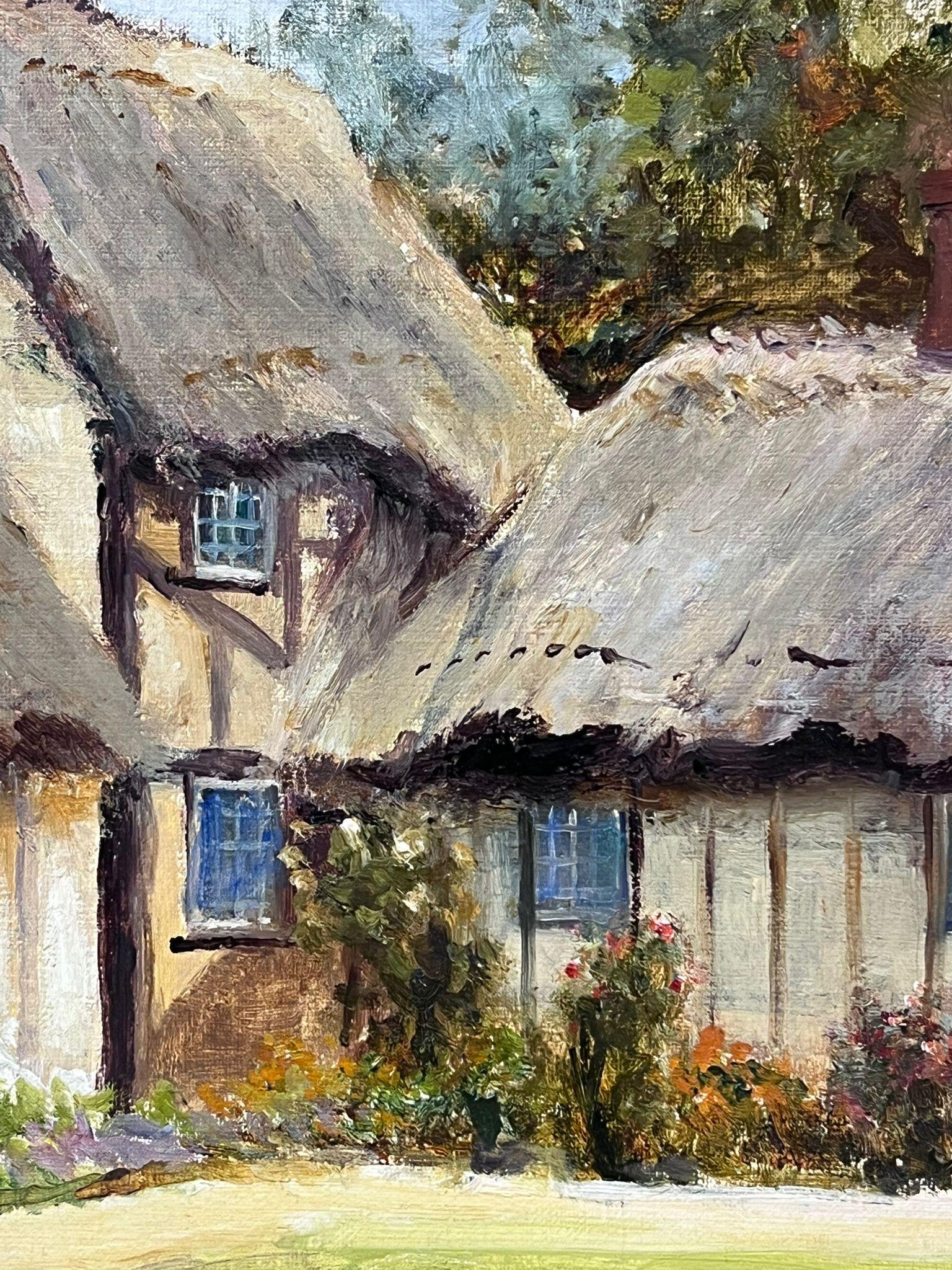 Las cabañas de paja
de Eva Walbourn (en activo 1880-1930)
Eva era la esposa del artista inglés de finales del siglo XIX y principios del XX Ernest Walbourn. 

óleo sobre tabla, enmarcado
enmarcado: 14,5 x 16,5 pulgadas
tablero: 9,5 x 12