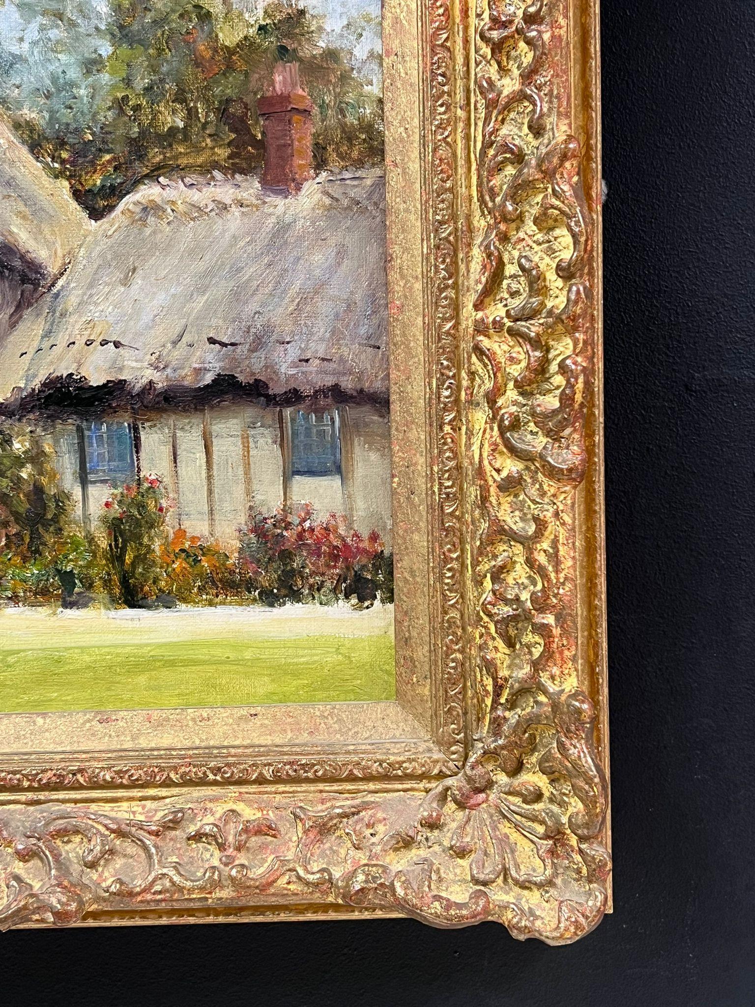 Cuadro al óleo inglés antiguo Cabañas de paja y jardines tradicionales Marco fino en venta 1