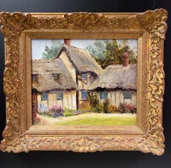 Cuadro al óleo inglés antiguo Cabañas de paja y jardines tradicionales Marco fino