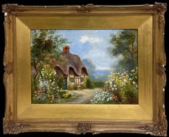 Charming Victorian Signed Oil Painting Thatched Cottage Hollyhocks Garden