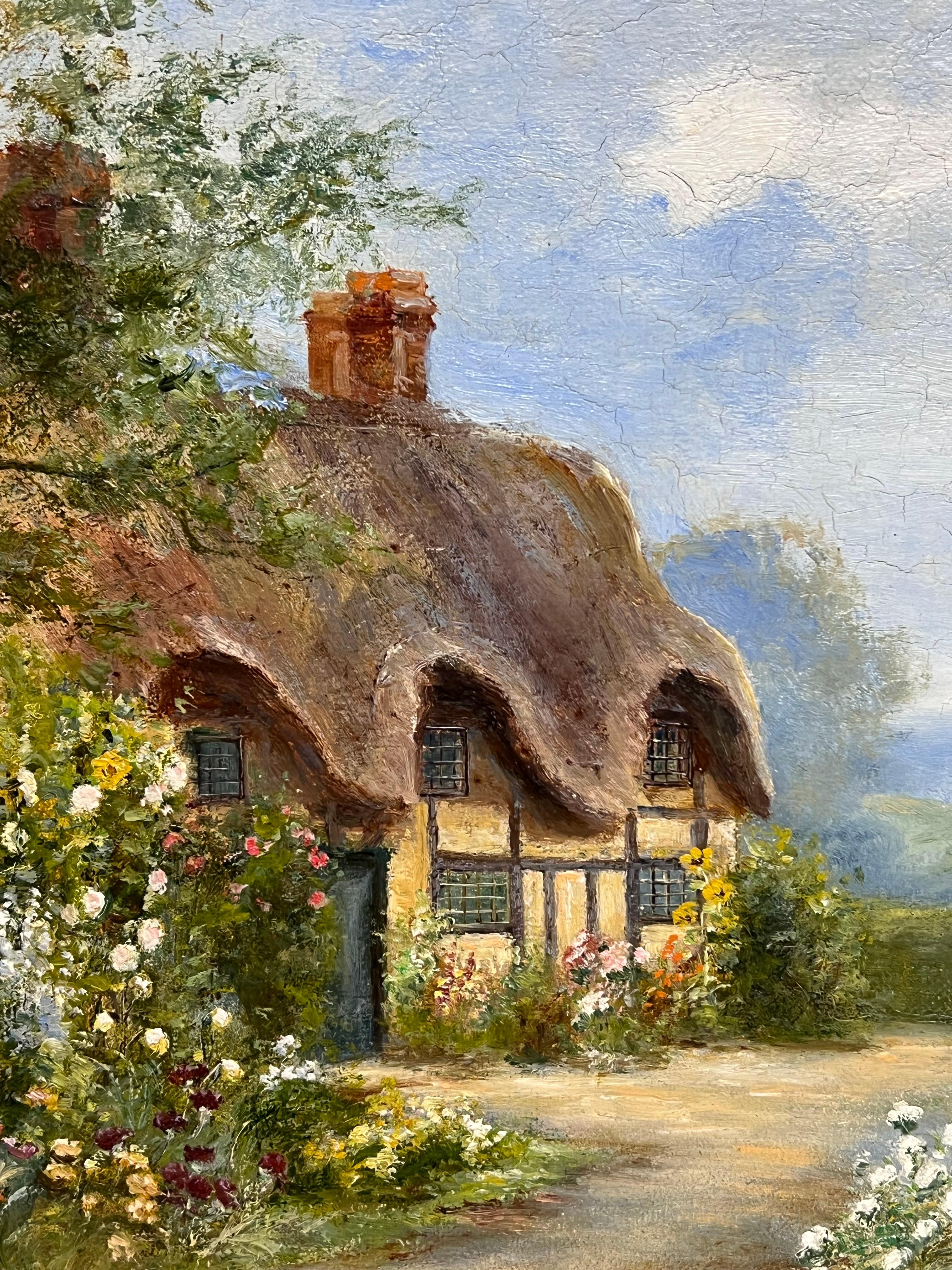 Charmante viktorianische signiert Ölgemälde Reetdachhaus Hollyhocks Garten (Viktorianisch), Painting, von Eva Walbourn