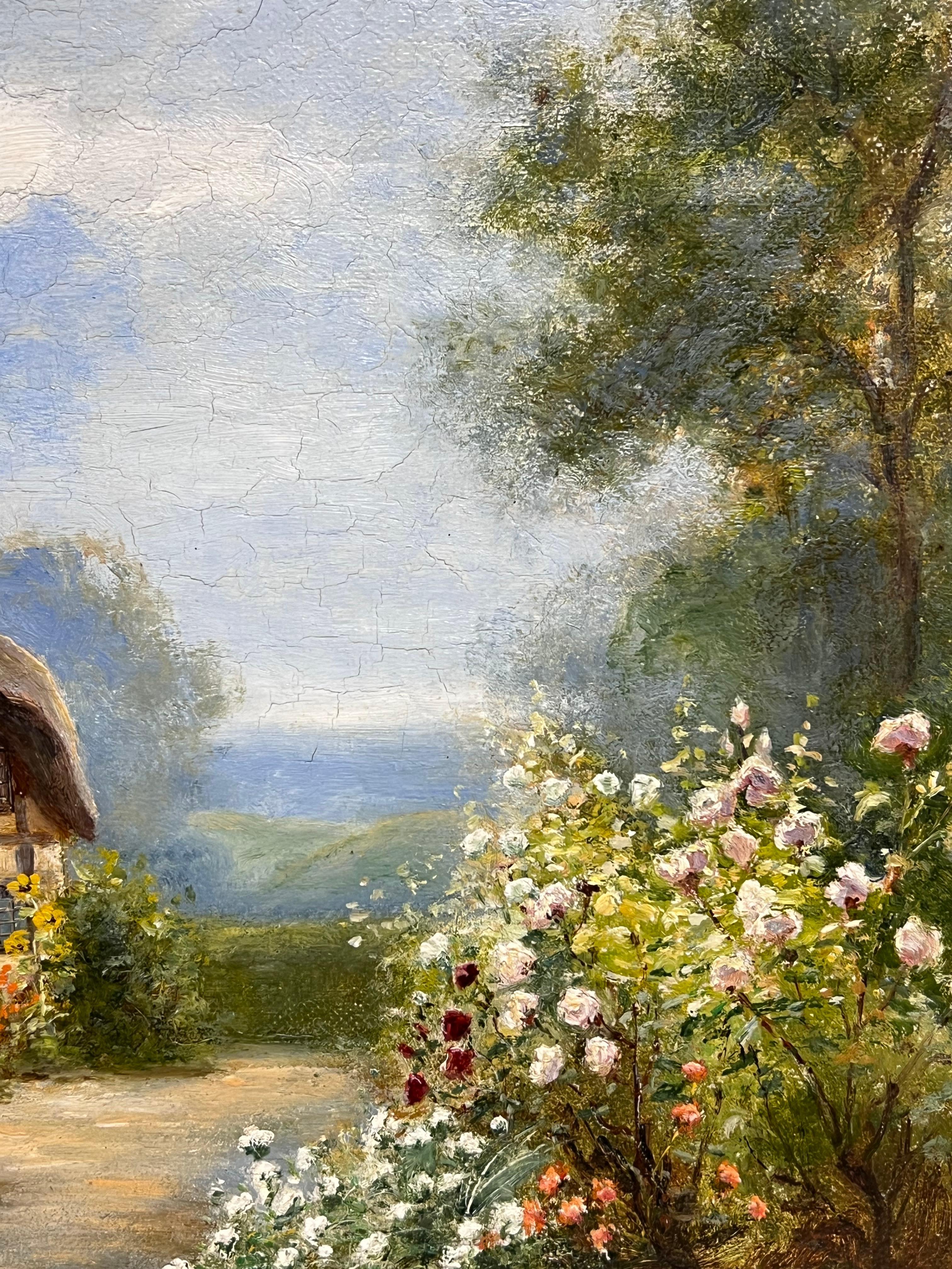 Charmante viktorianische signiert Ölgemälde Reetdachhaus Hollyhocks Garten (Braun), Landscape Painting, von Eva Walbourn