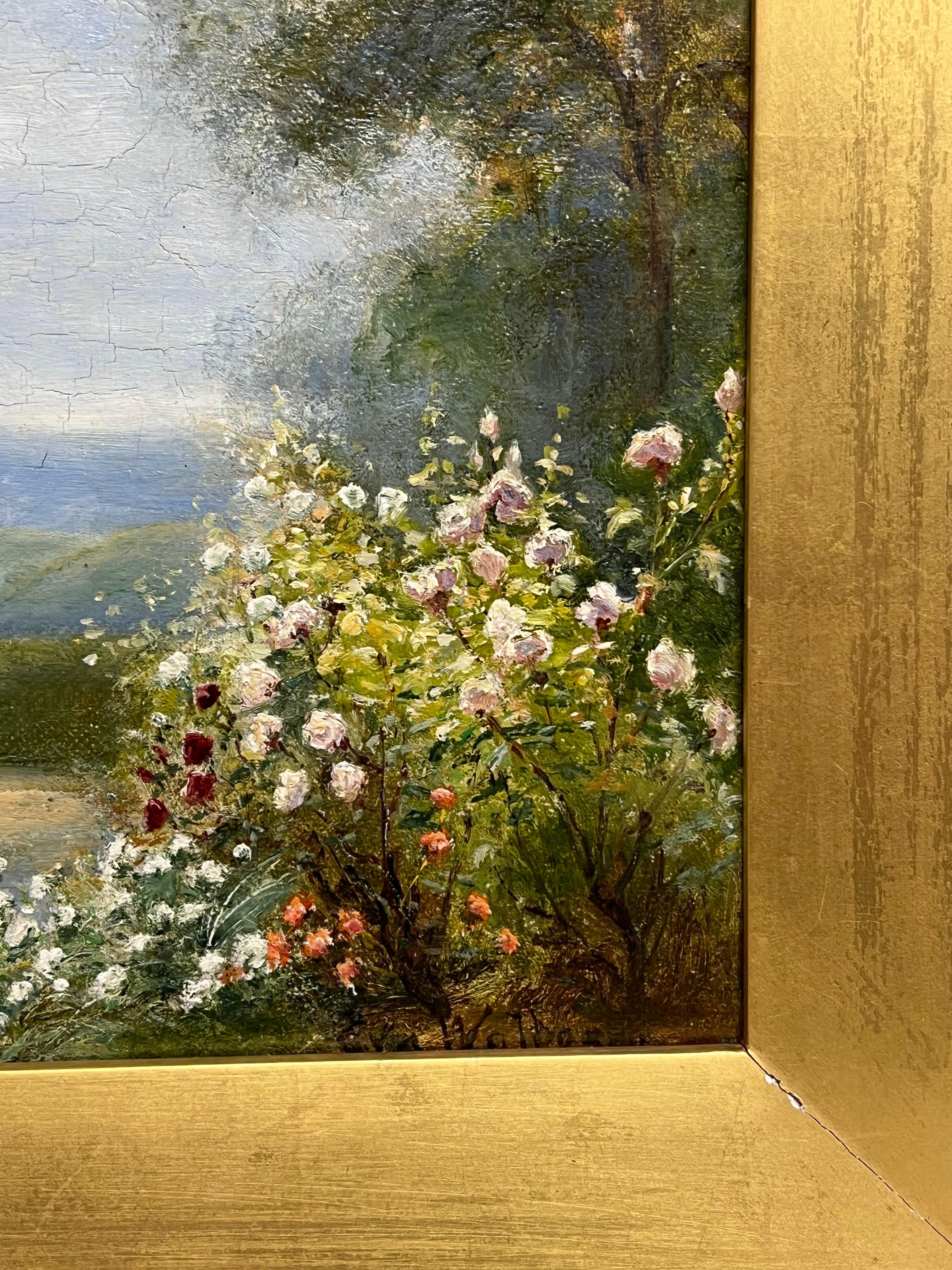 Der Cottage-Garten
von Eva Walbourn (1872-1927)
signiert unten rechts
Öl auf Leinwand, gerahmt
Gerahmt: 15,5 x 19 Zoll
Leinwand : 10 x 14 Zoll
Provenienz: Privatsammlung, England
Zustand: Der Rahmen ist original und antik und hat einige kleine