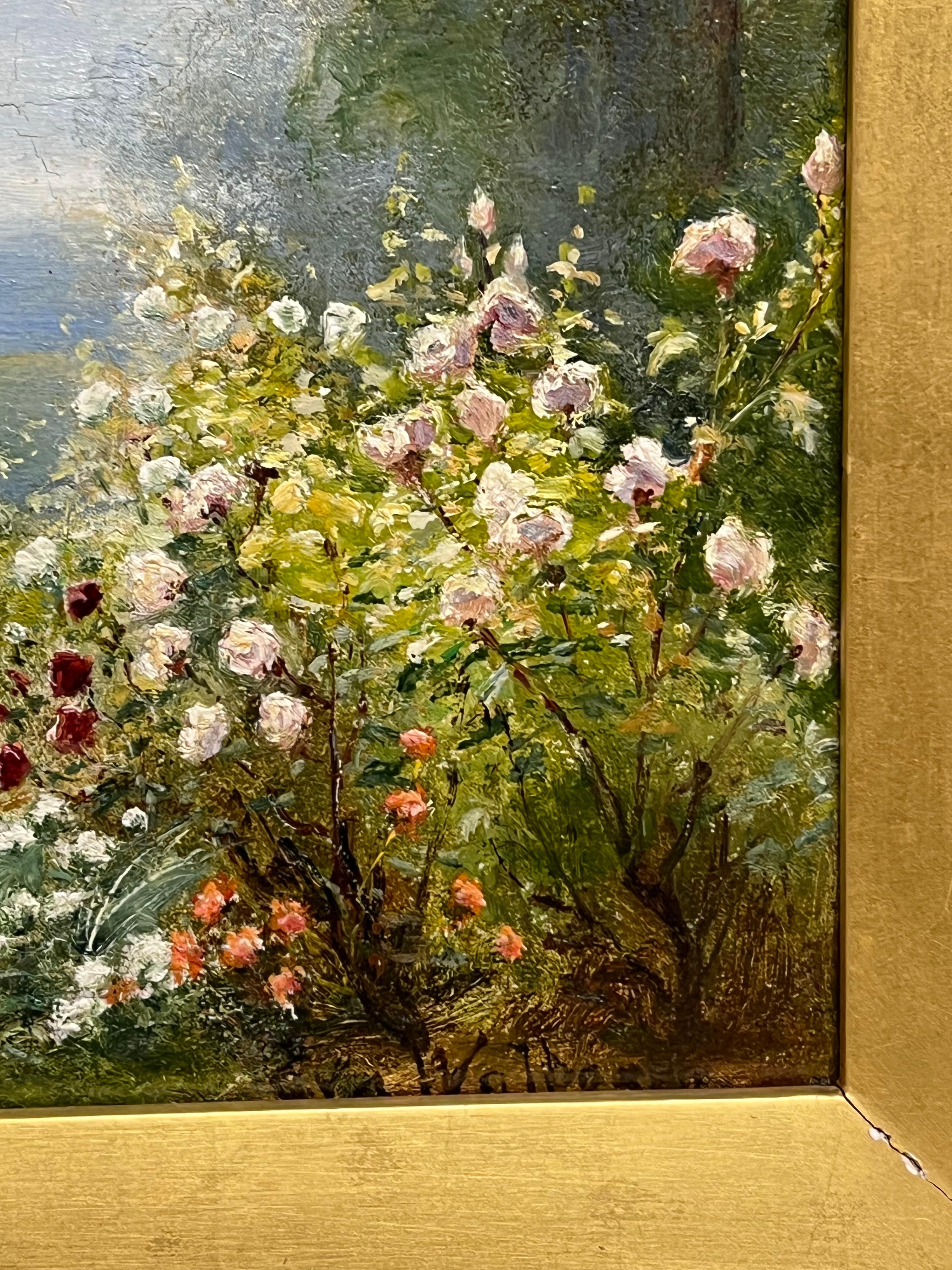 Charmante viktorianische signiert Ölgemälde Reetdachhaus Hollyhocks Garten im Angebot 1