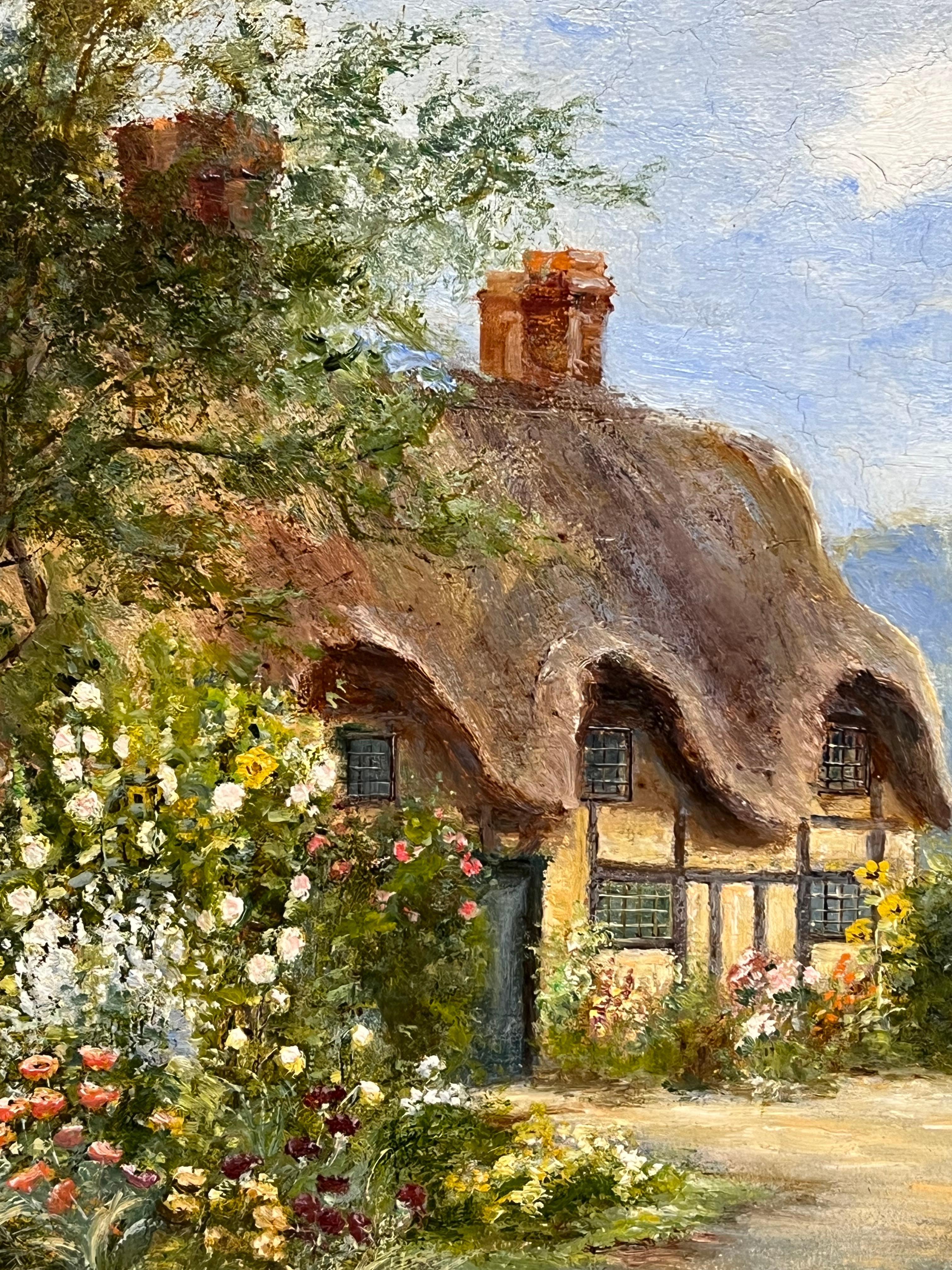 Charmante viktorianische signiert Ölgemälde Reetdachhaus Hollyhocks Garten im Angebot 2