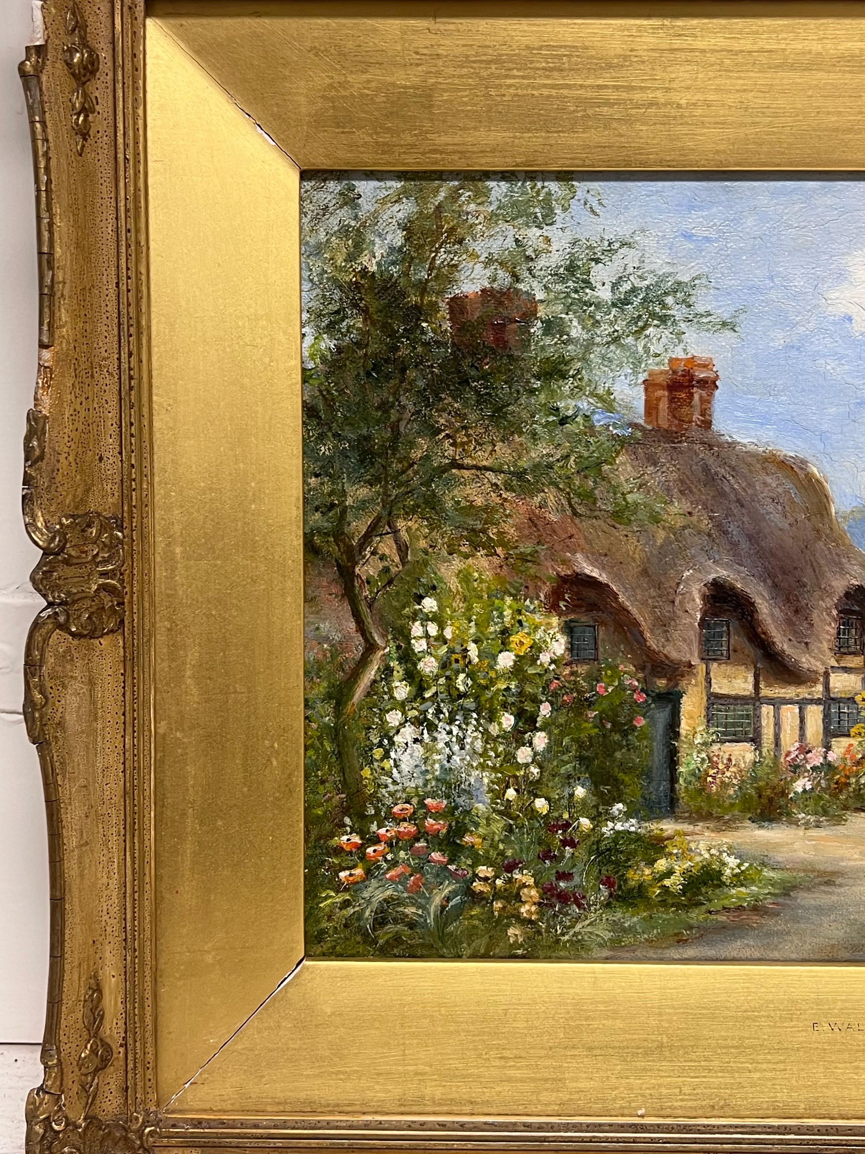 Charmante viktorianische signiert Ölgemälde Reetdachhaus Hollyhocks Garten im Angebot 3