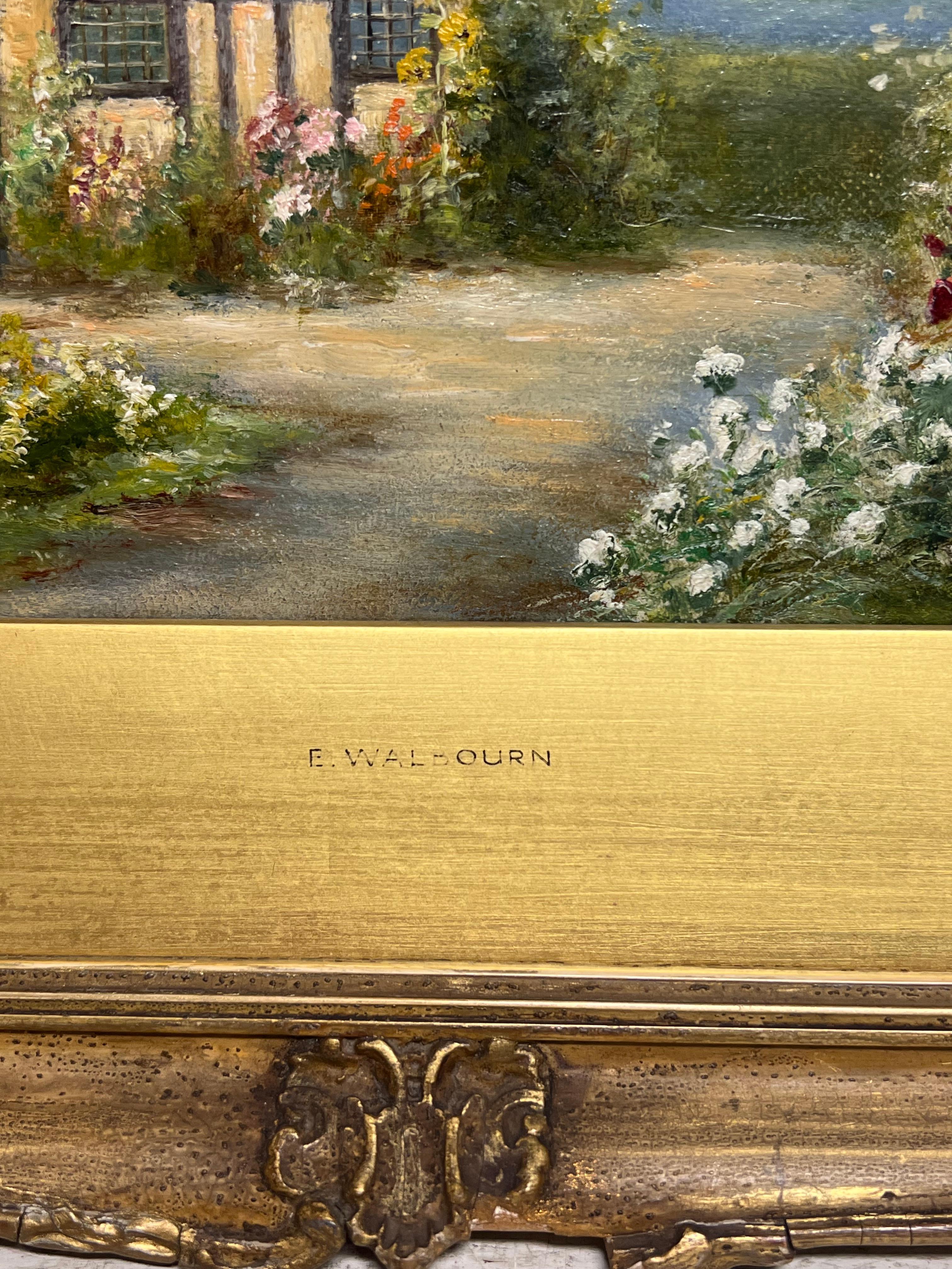 Charmante viktorianische signiert Ölgemälde Reetdachhaus Hollyhocks Garten im Angebot 4