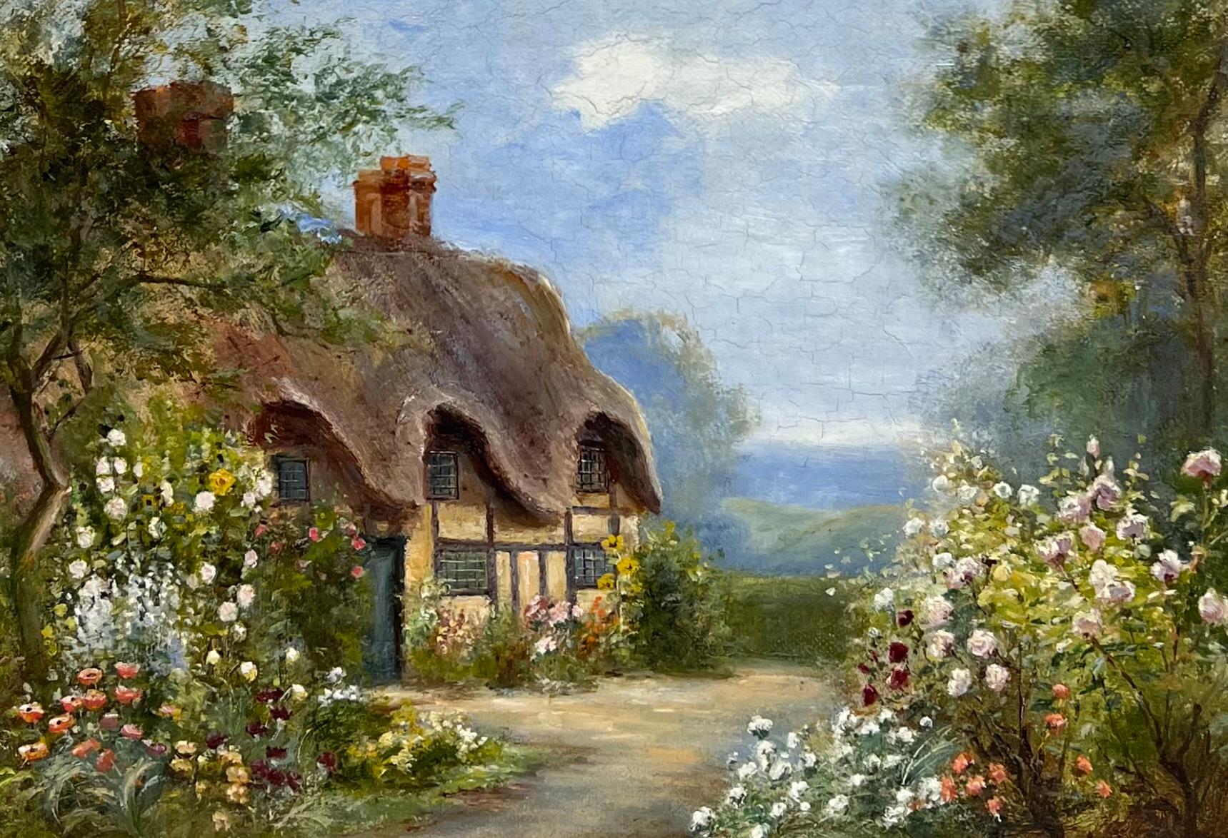 Charmante viktorianische signiert Ölgemälde Reetdachhaus Hollyhocks Garten