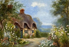 Charmante viktorianische signiert Ölgemälde Reetdachhaus Hollyhocks Garten