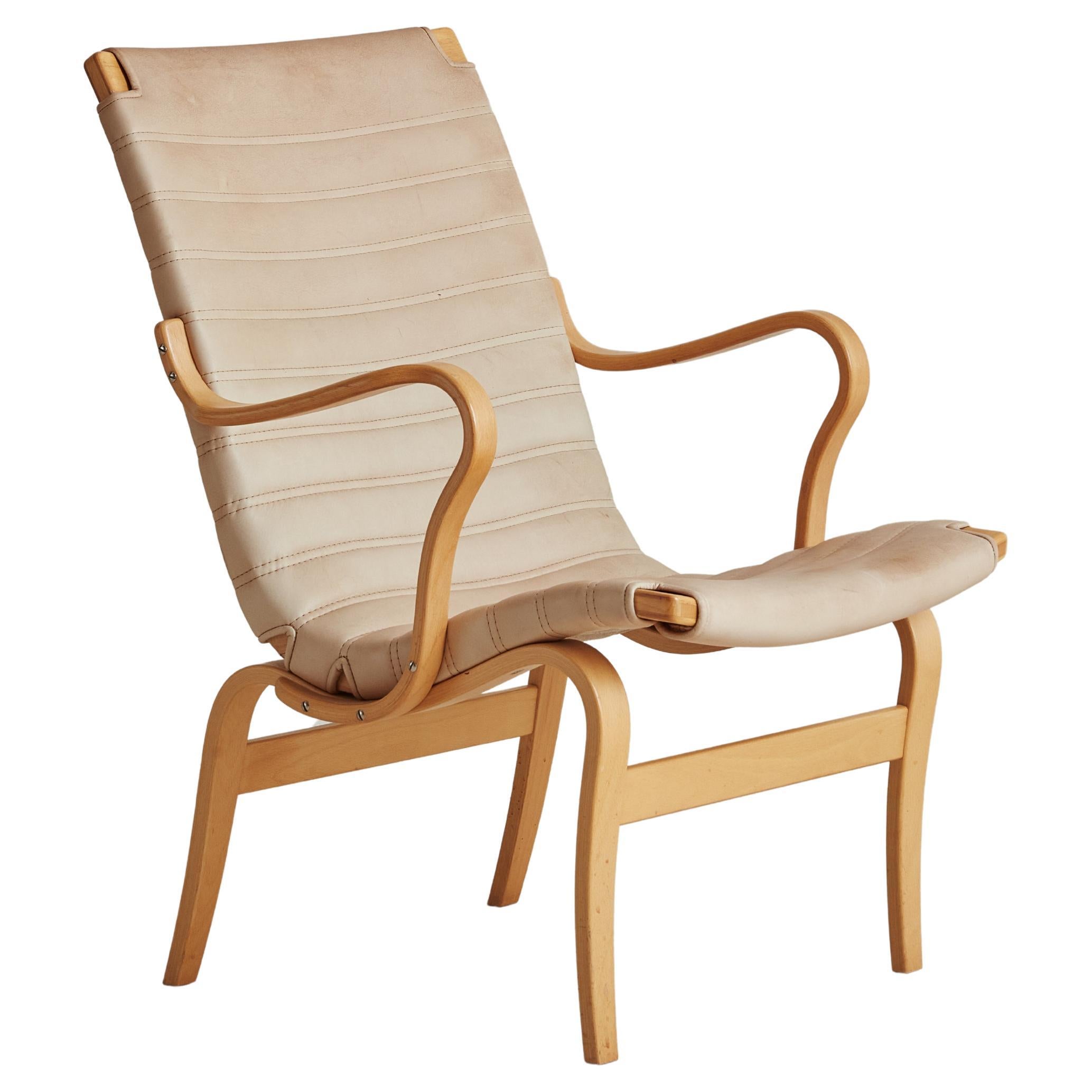 Eva' White Leather + Beechwood Lounge Chair by Bruno Mathsson for DUX, Sweden For Sale