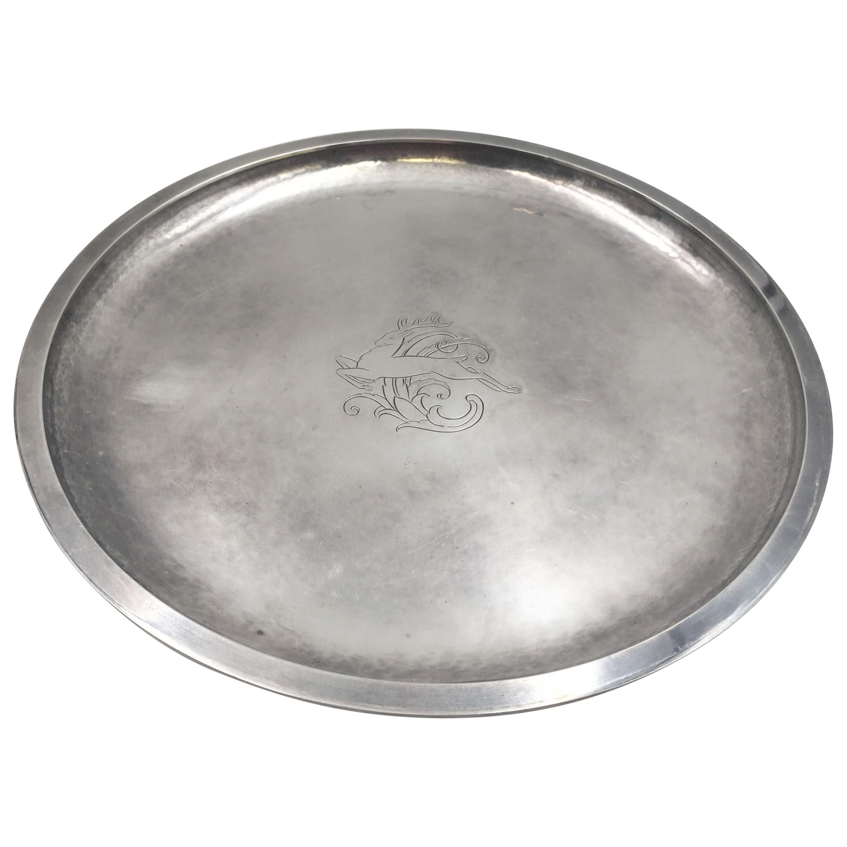 Evald Nielsen Danish Silver Round Bar Tray / Plate with Chased Design For Sale